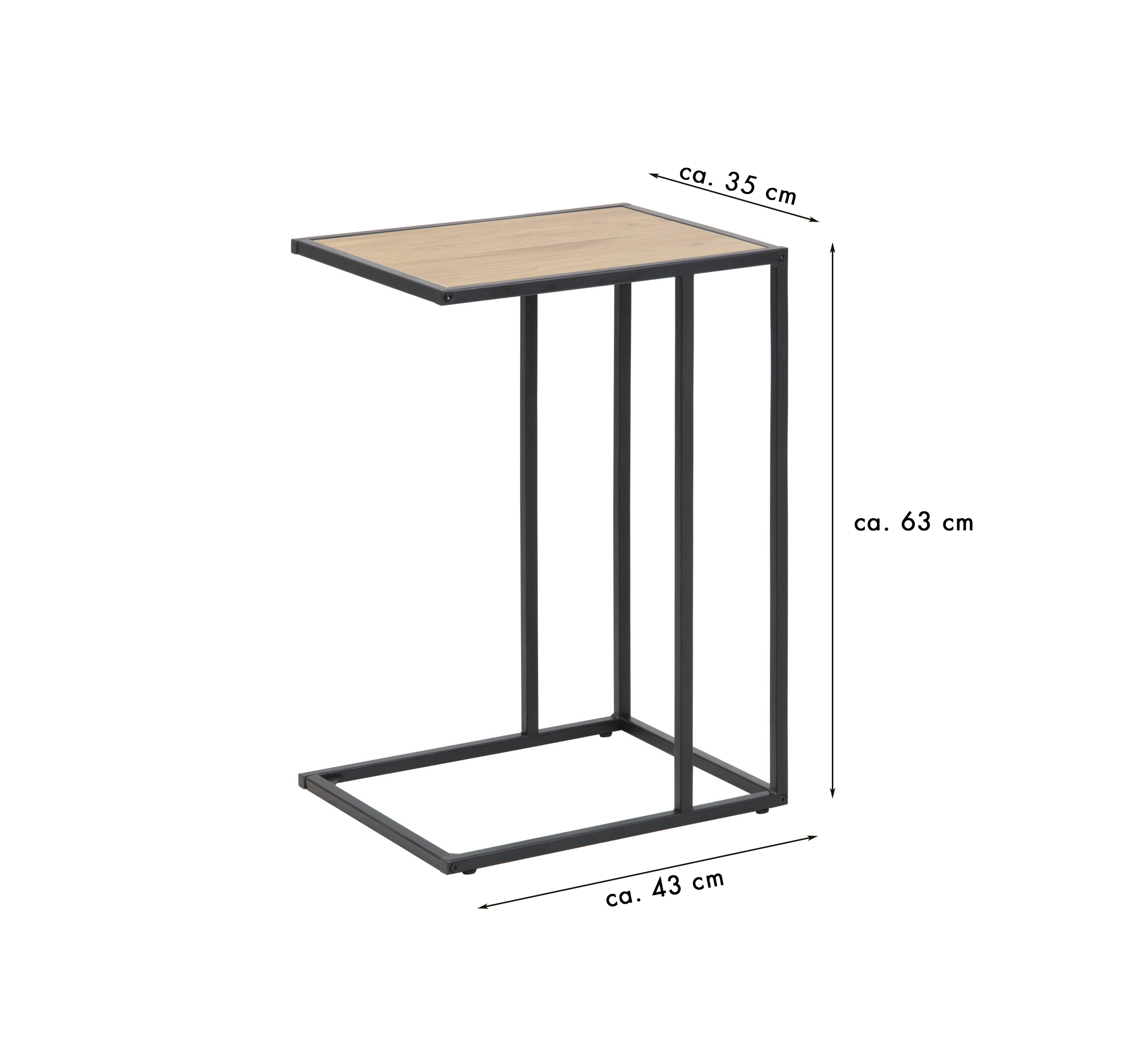 C-förmiger Beistelltisch mit schwarzem Metallgestell und Holzplatte, Maße ca. 35×43×63 cm C-förmiger Beistelltisch mit schwarzem Gestell, Holzplatte, Maßen ca. 35×43×63 cm, freigestellt auf weißem Hintergrund
