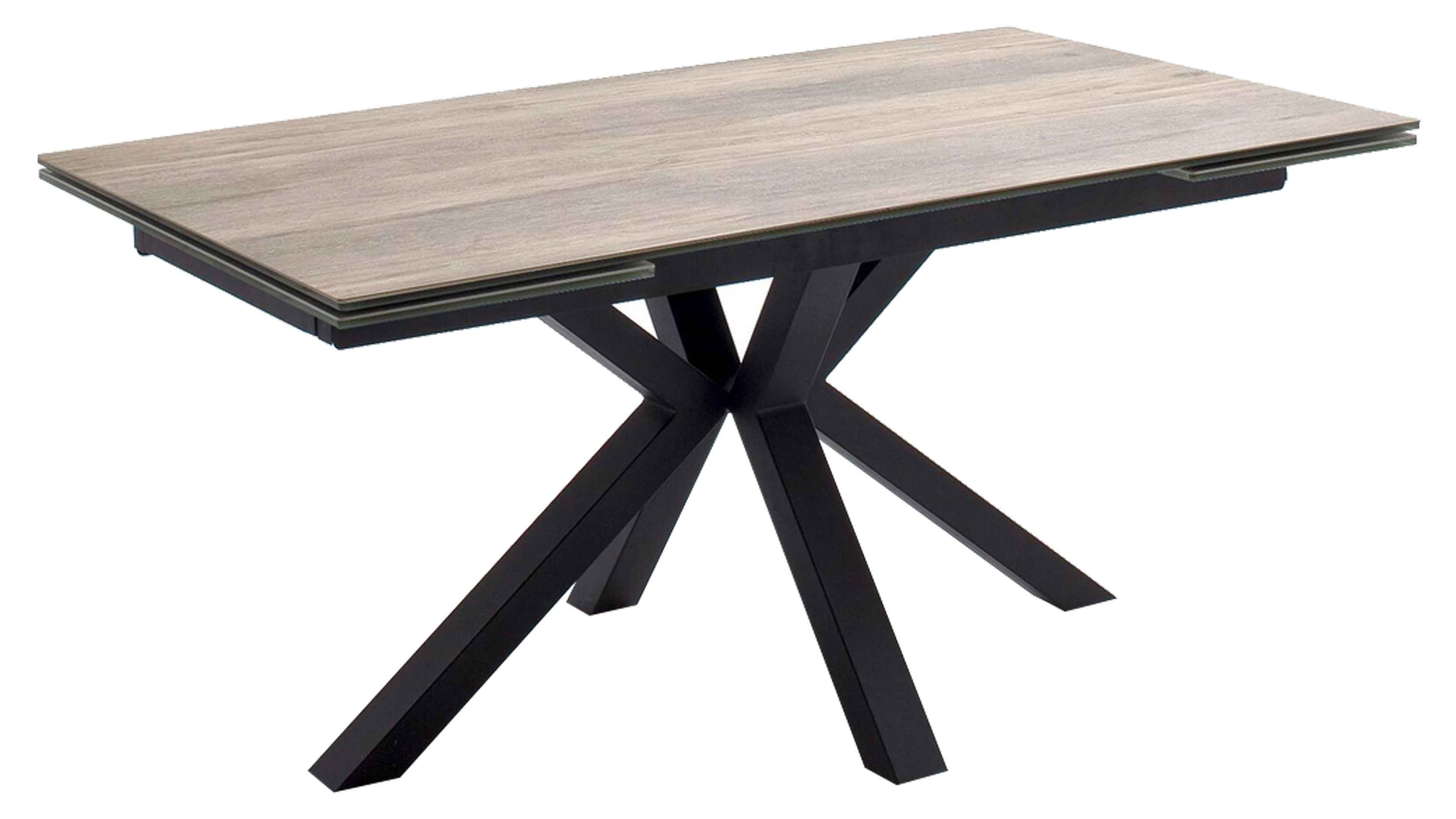 Auszugtisch mit Holzplatte und schwarzem Gestell Auszugtisch mit rechteckiger Holzplatte und schwarzem gekreuztem Gestell
