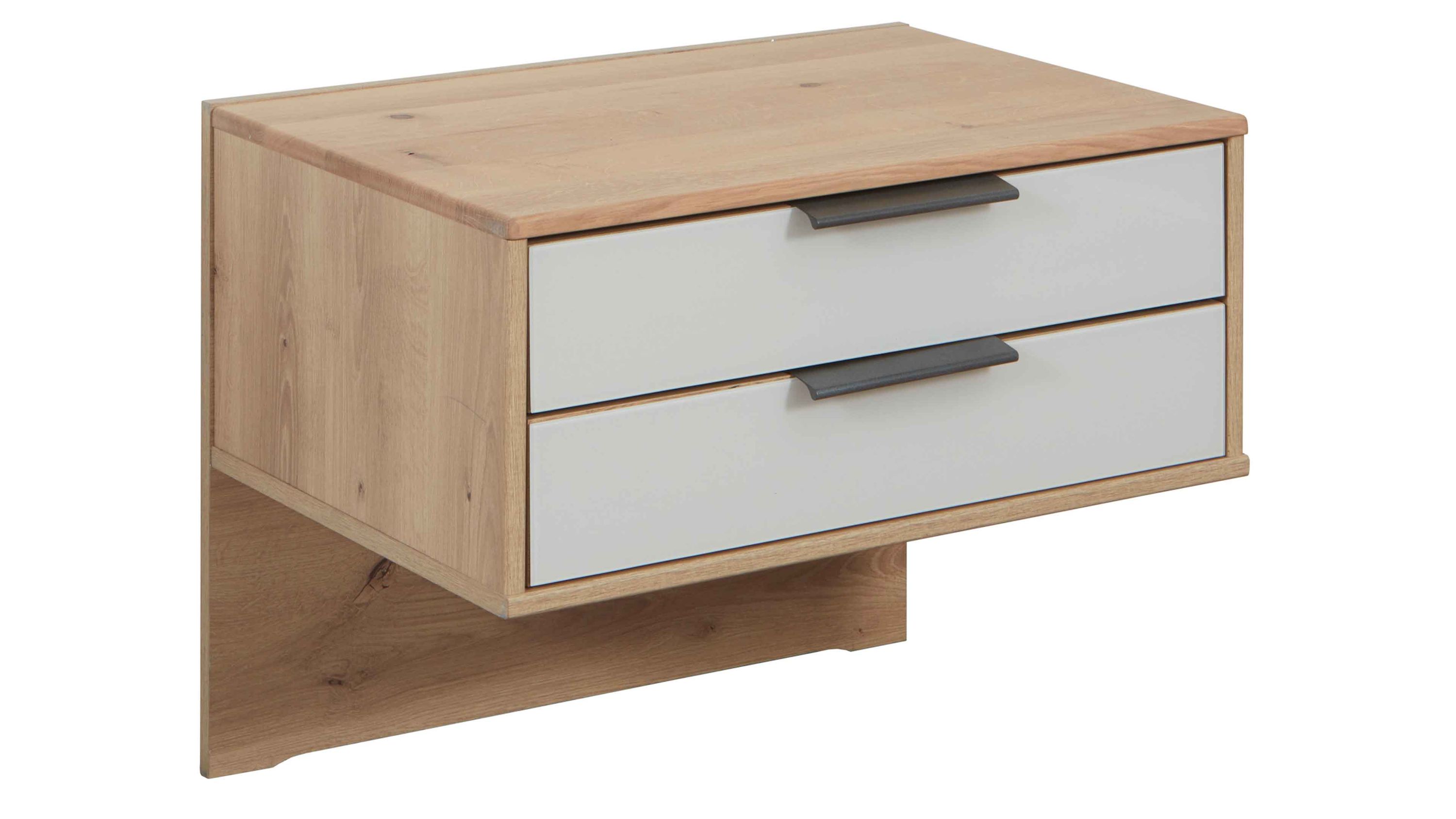 Hängende Nachtkonsole mit zwei weißen Schubladen und Holzoptik in heller Farbe