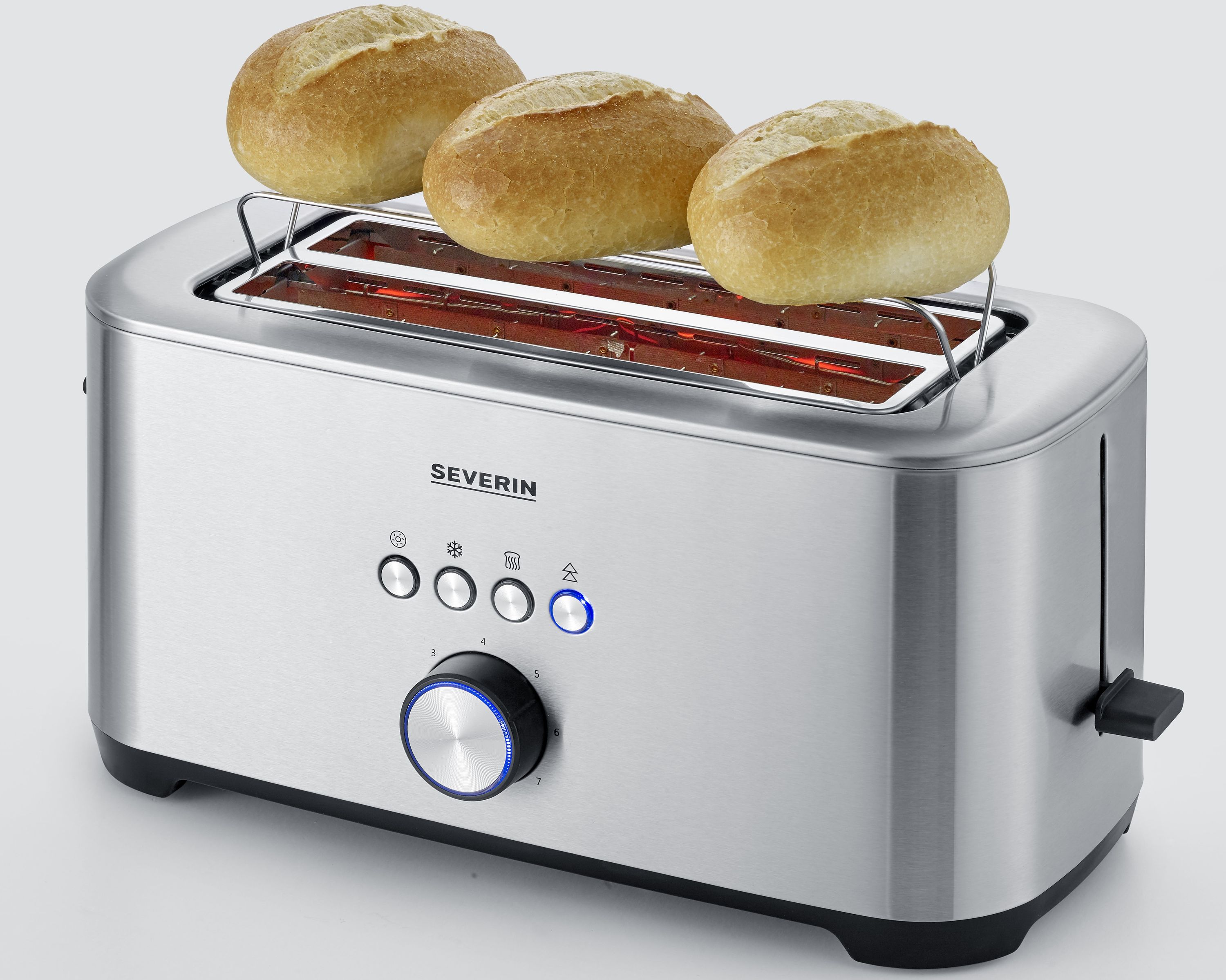 Edelstahl-Langschlitztoaster für 4 Scheiben mit Bedientasten Regler und 3 Brötchen oben schräg von vorn rechts