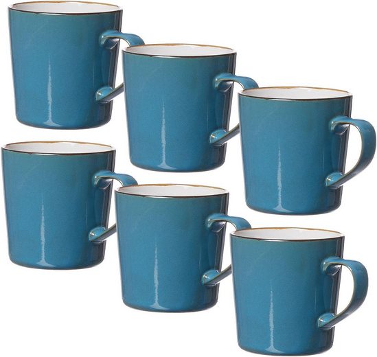 Sechs blaue Kaffeebecher mit Henkel und hellem Randdekor  stapelbar und im modernen Naturdesign