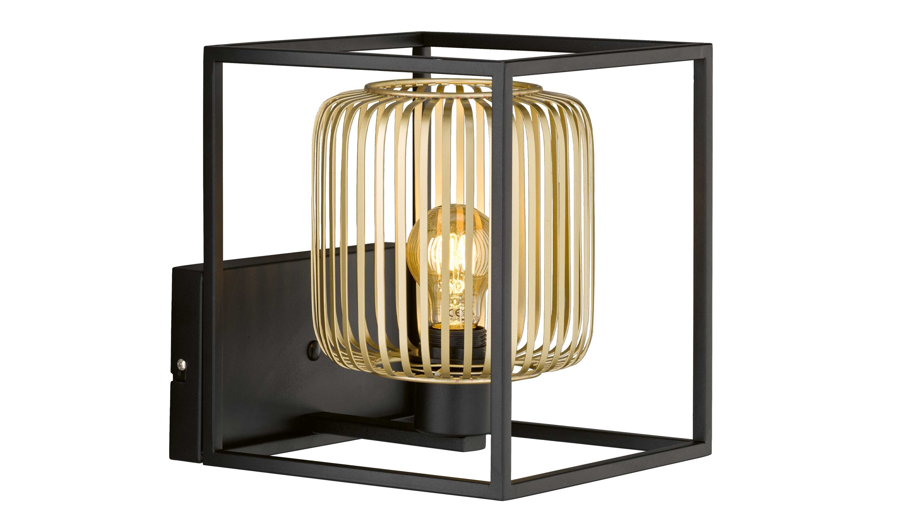 Wandleuchte mit schwarzem quadratischem Rahmen und goldfarbenem Gitter um die Glühbirne