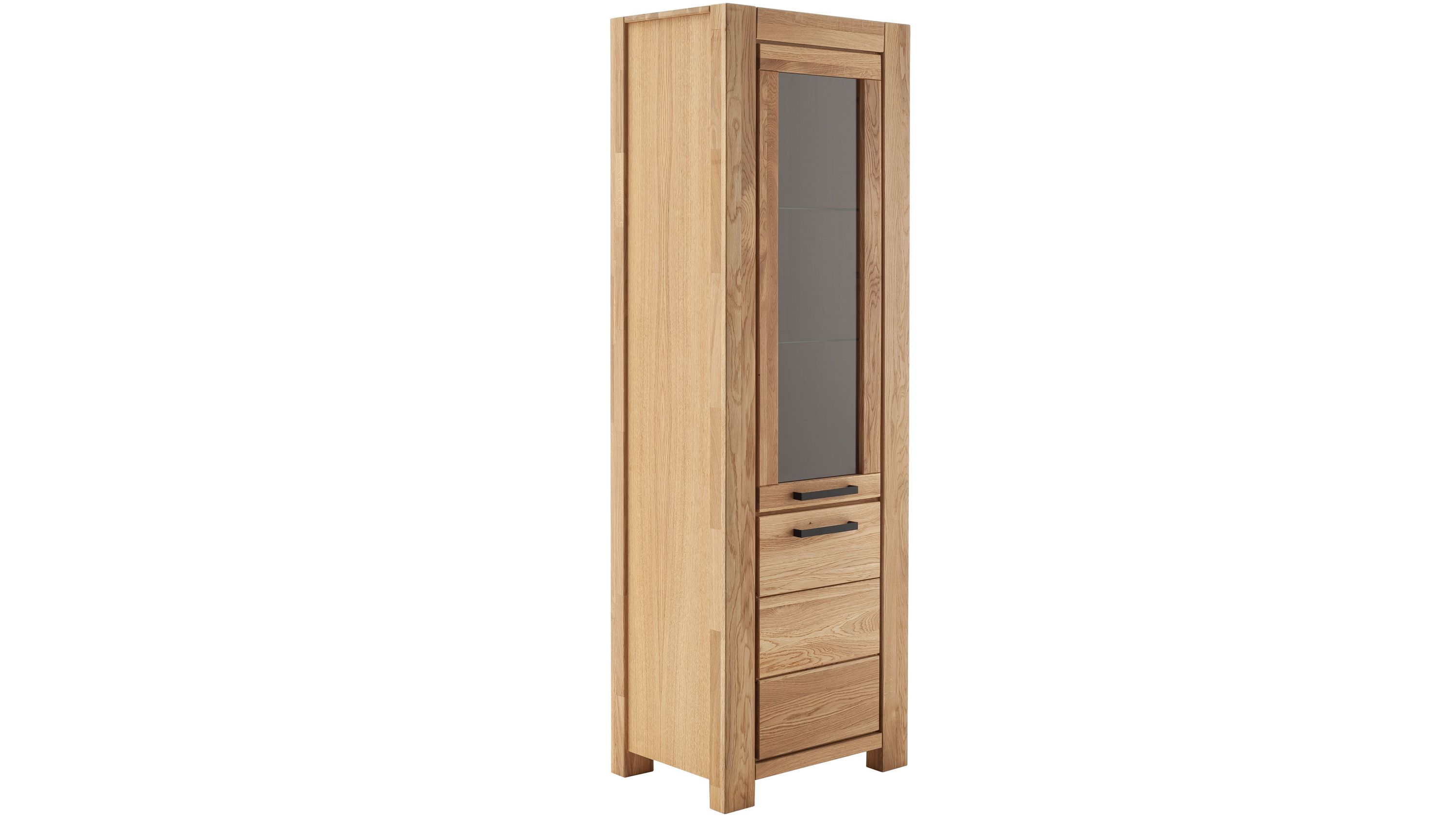 Vitrine mit Glas- und Holztür aus hellem Holz Hohe Vitrine aus hellem Holz mit einer Glastür links und einer Holztür rechts