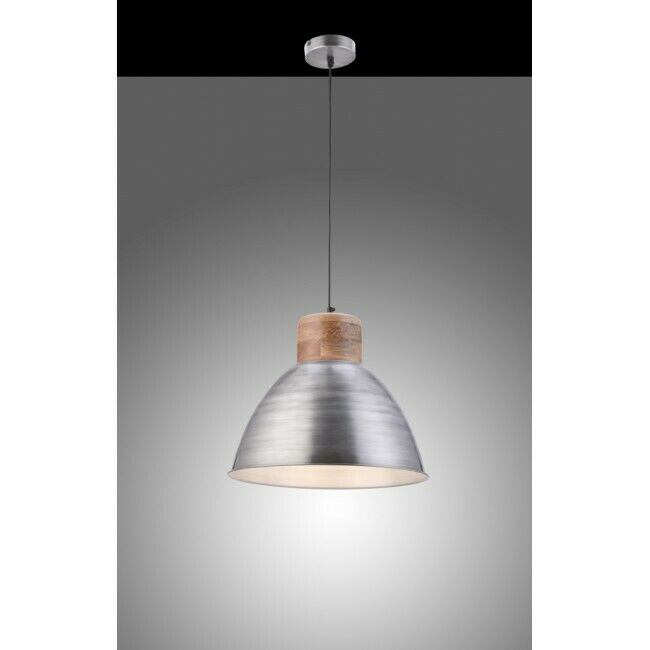 Moderne Hängelampe mit Metall und Holz Moderne Hängelampe mit metallischem Schirm und Holzdetail, hängt an dünnem Kabel von der Decke