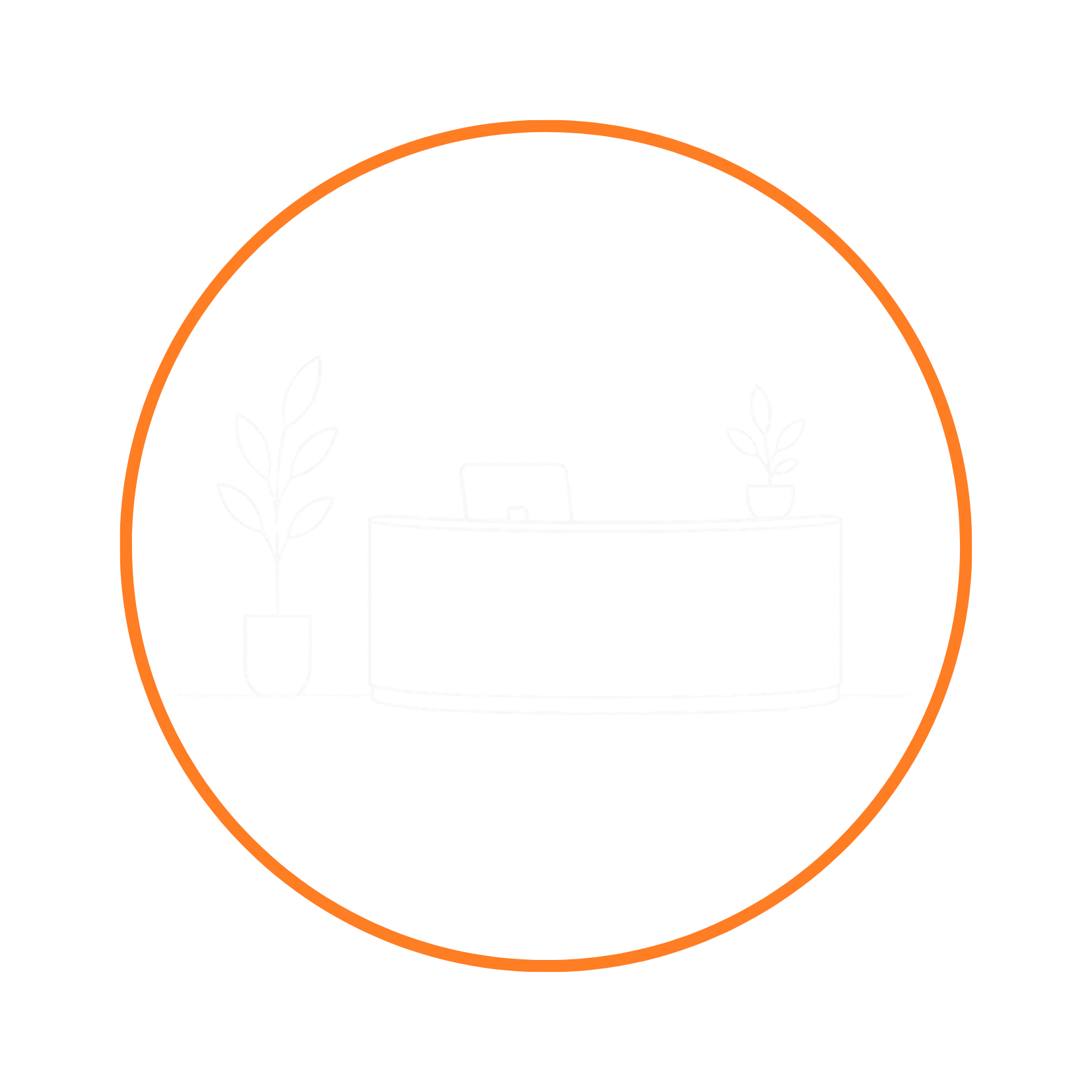 Symbolgrafik einer modernen Empfangstheke mit Laptop und Zimmerpflanzen im orangefarbenen Kreis.