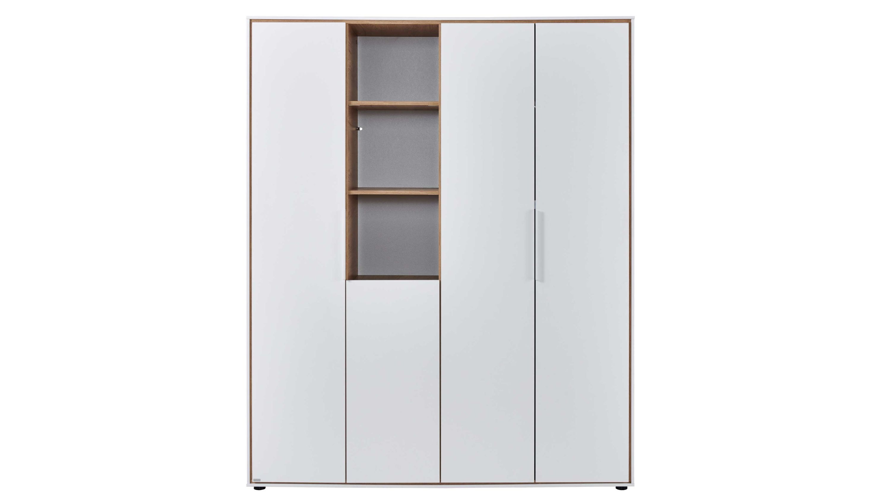 Kleiderschrank mit drei Türen und offenen Regalfächern Kleiderschrank mit drei weißen Türen und offenen Regalfächern in Holzoptik