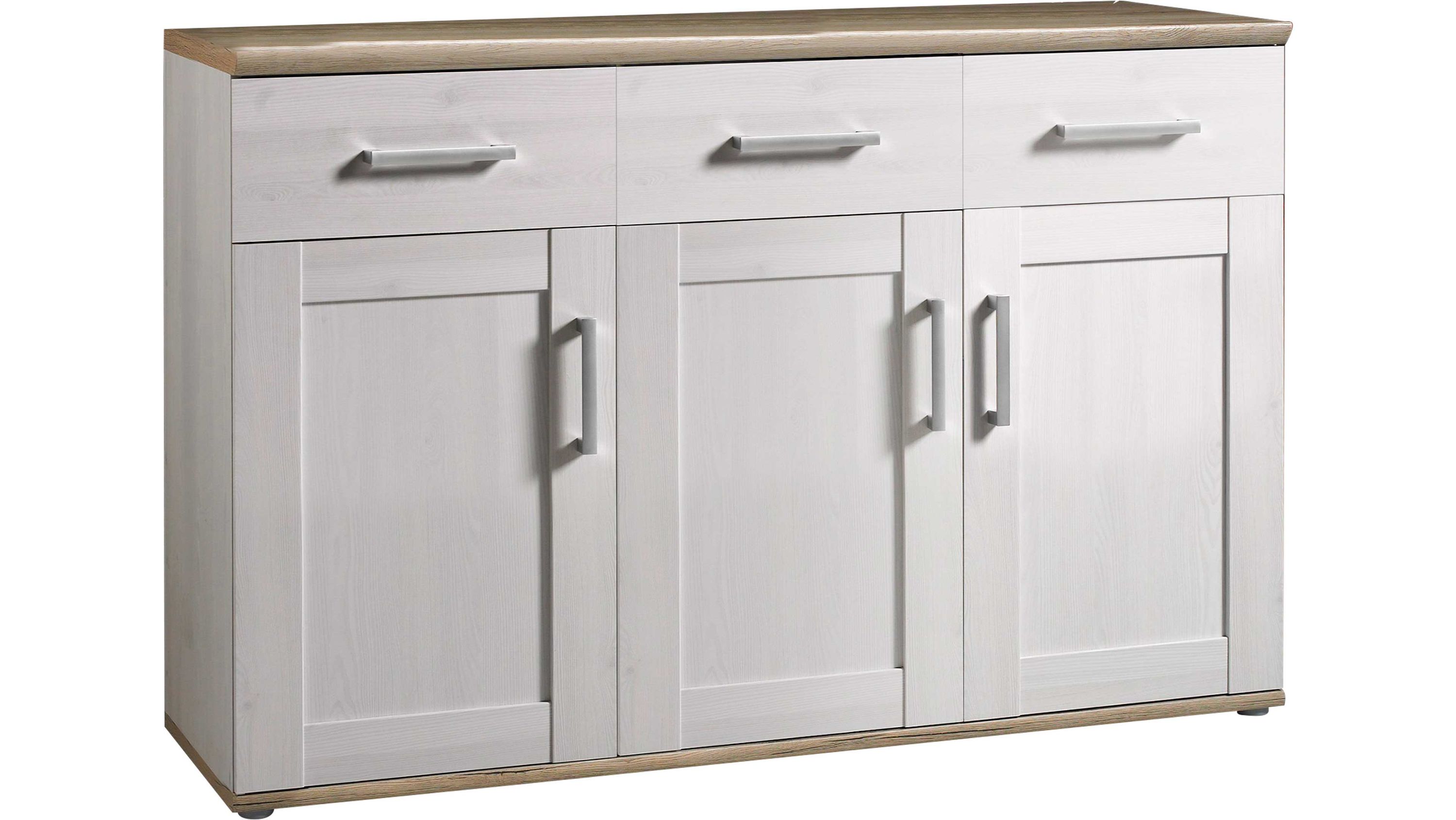 Sideboard mit drei Türen und drei Schubladen in Weiß und hellem Holz Sideboard mit drei weißen Türen und drei Schubladen helle Holzplatte oben