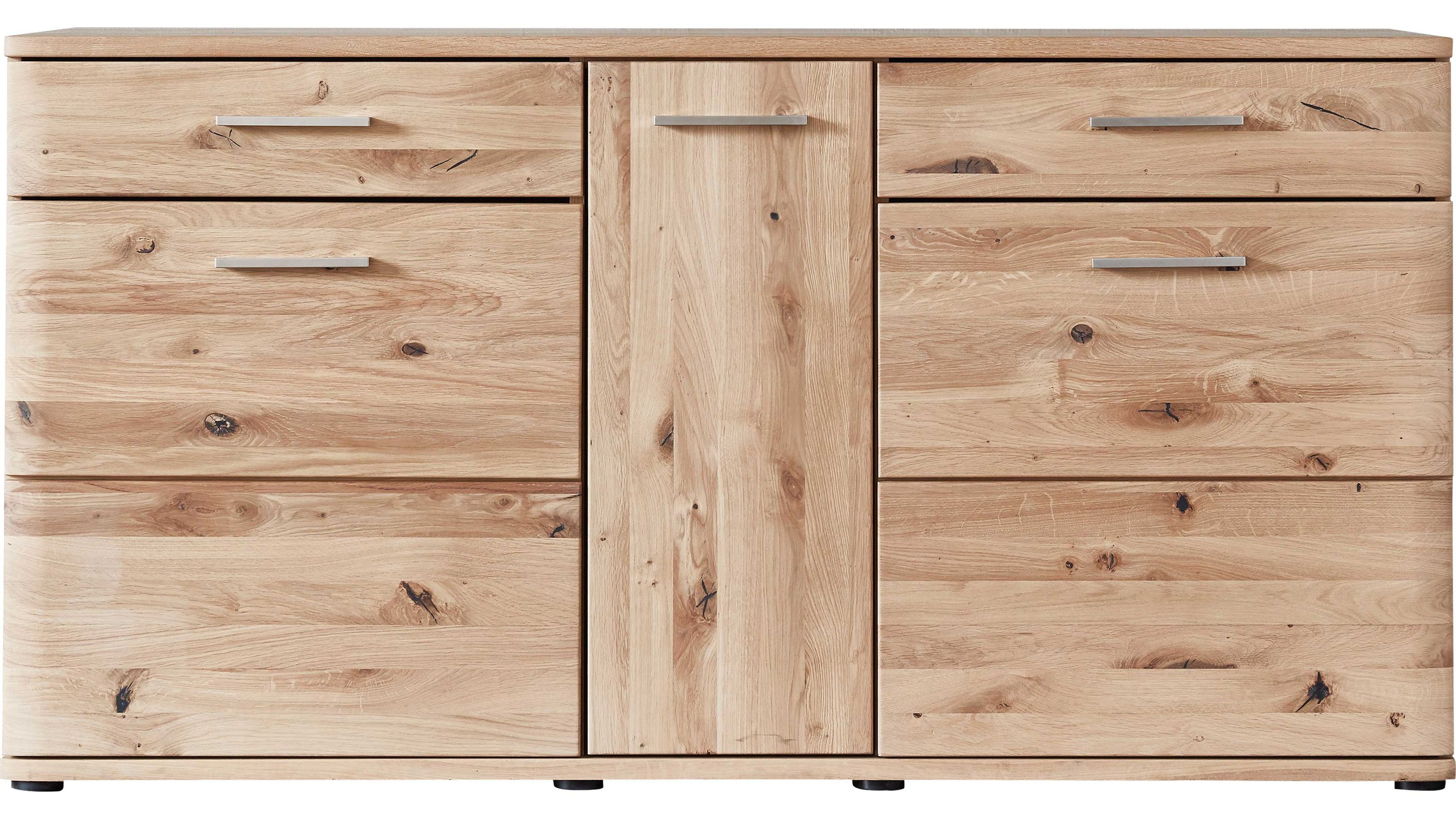 Sideboard mit drei Türen und zwei Schubladen in heller Holzoptik mit Metallgriffen