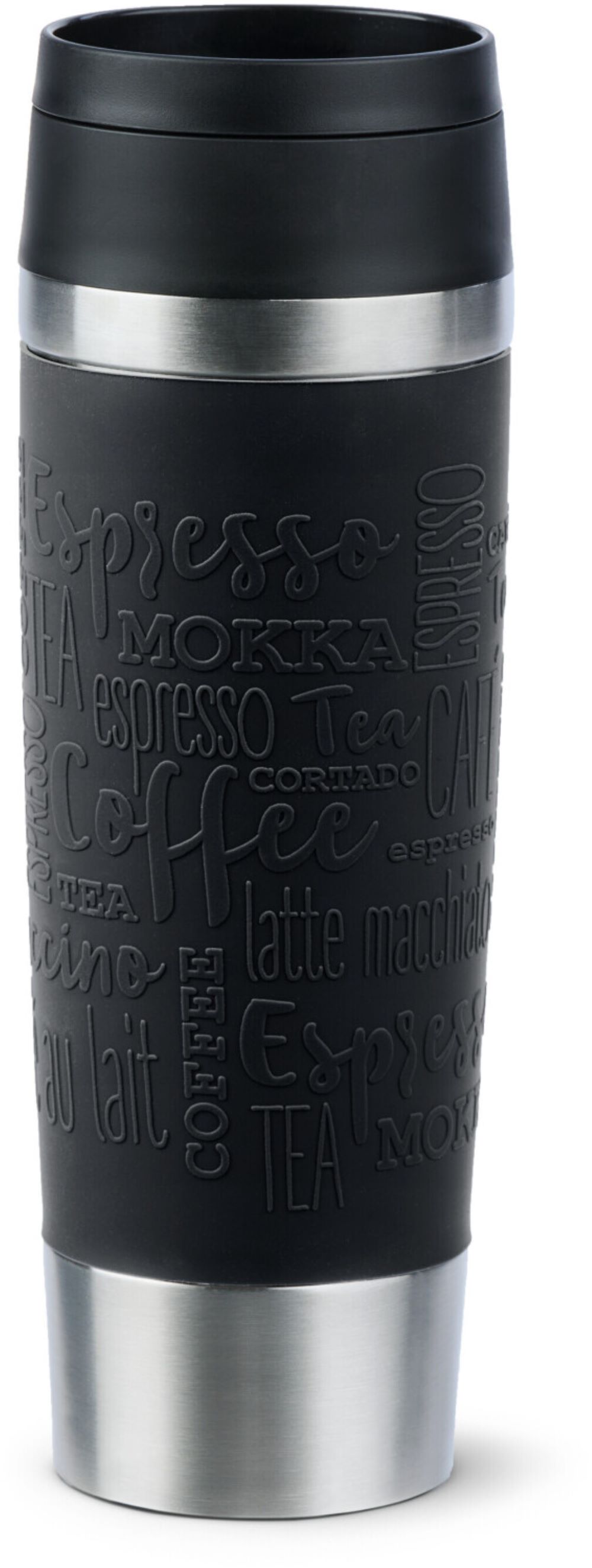 Schwarzer Thermobecher mit Kaffeeprägungen stilvoller Becher mit rutschfester Struktur Frontalansicht eines Thermobechers mit schwarzem Griffbereich und Kaffeeprägungen aus Augenhöhe fotografiert.