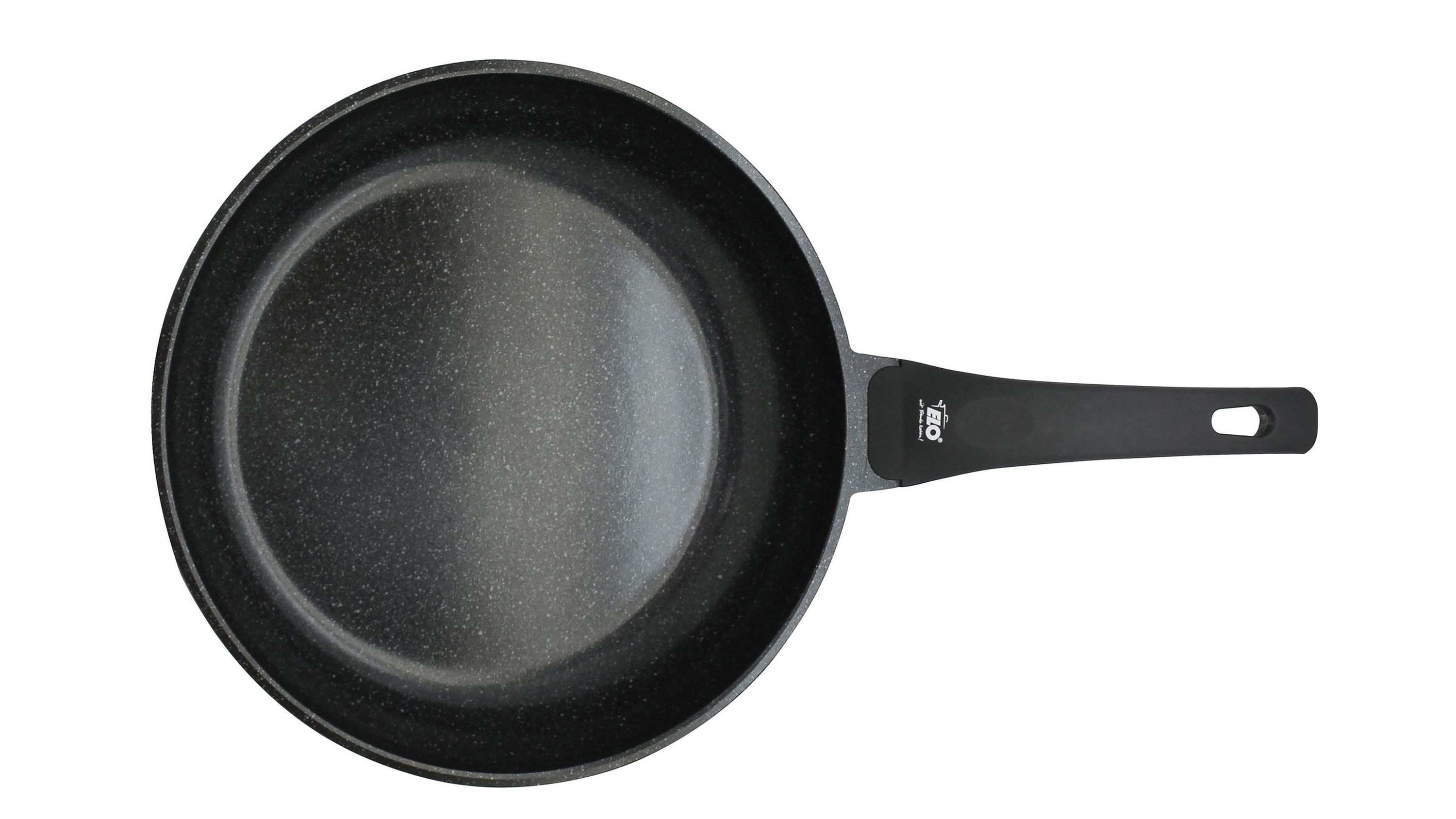 Runde schwarze Bratpfanne mit langem Griff und weißem Logo auf dem Griff
