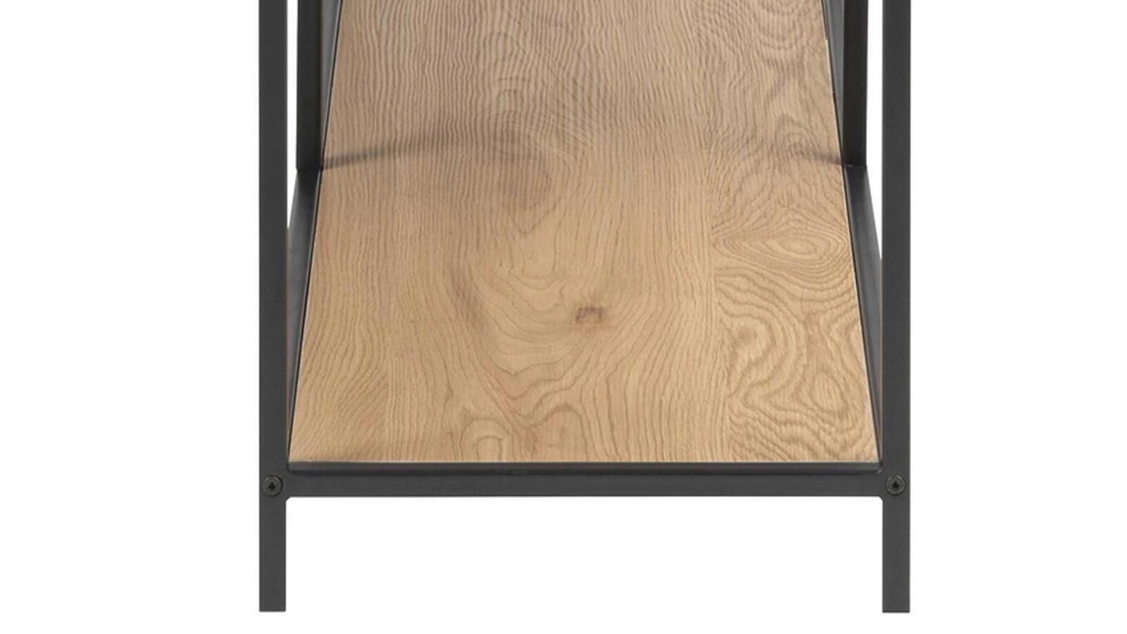 Detailansicht Regalfach mit heller Holzfläche seitlich eingefasst von schwarzen Metallstreben Fokus auf Materialstruktur