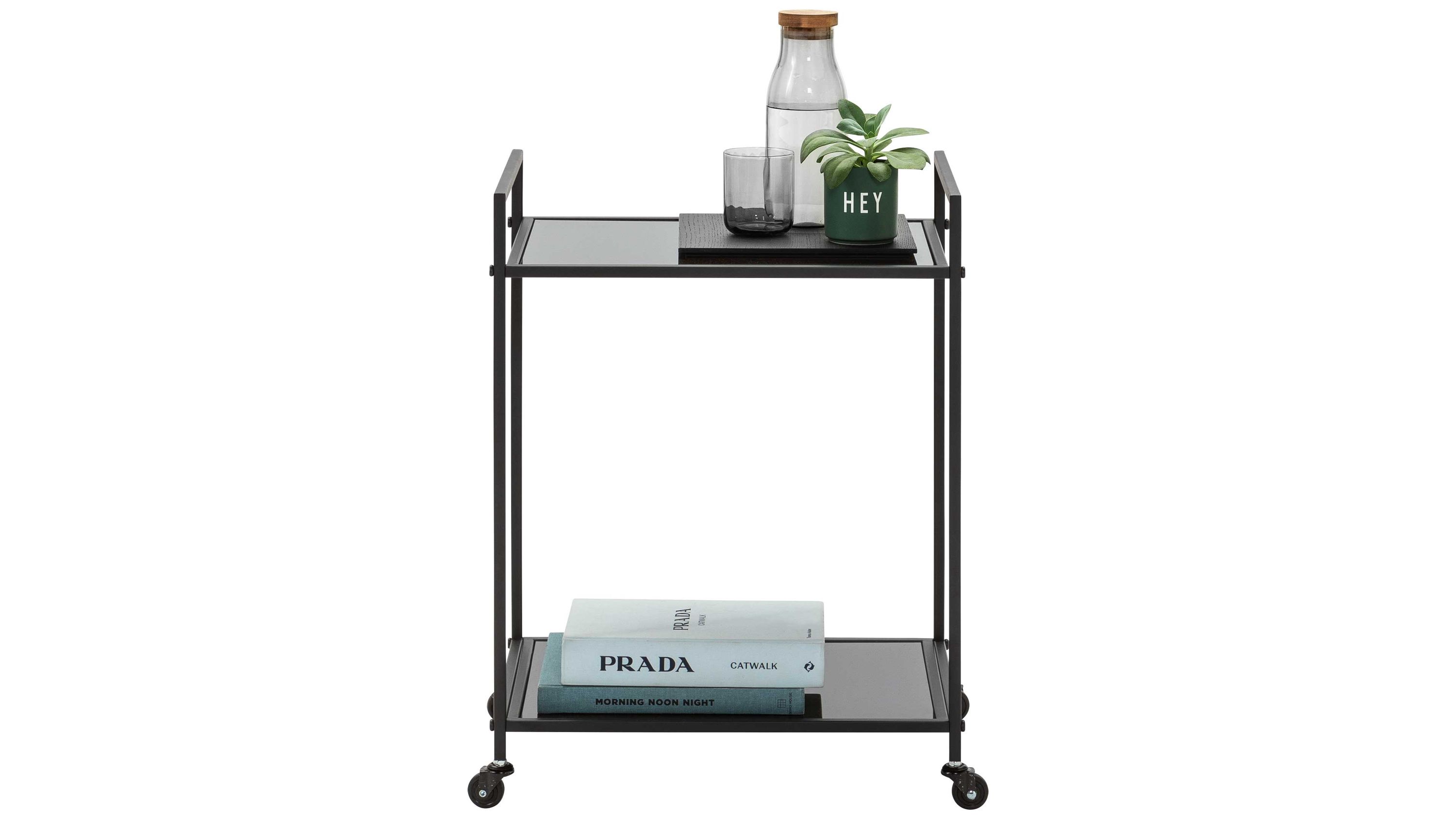 Schwarzer Servierwagen mit zwei Glasablagen und Rollen darauf Glasflasche Glas und Pflanze