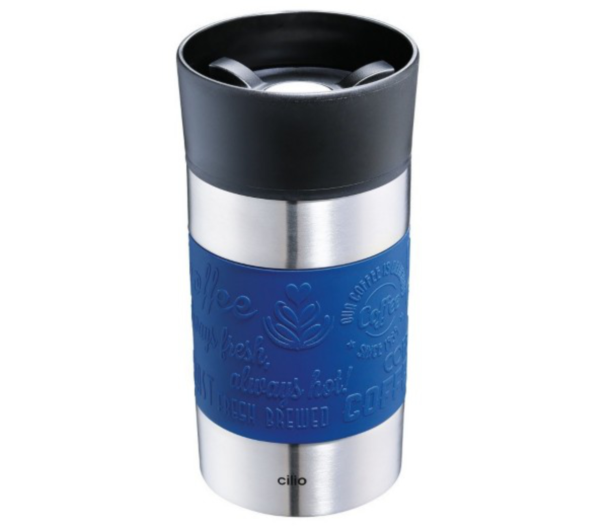 Edelstahl-Thermobecher mit schwarzem Deckel und blauem Silikongriff, frontal aufgenommen auf hellem Hintergrund.