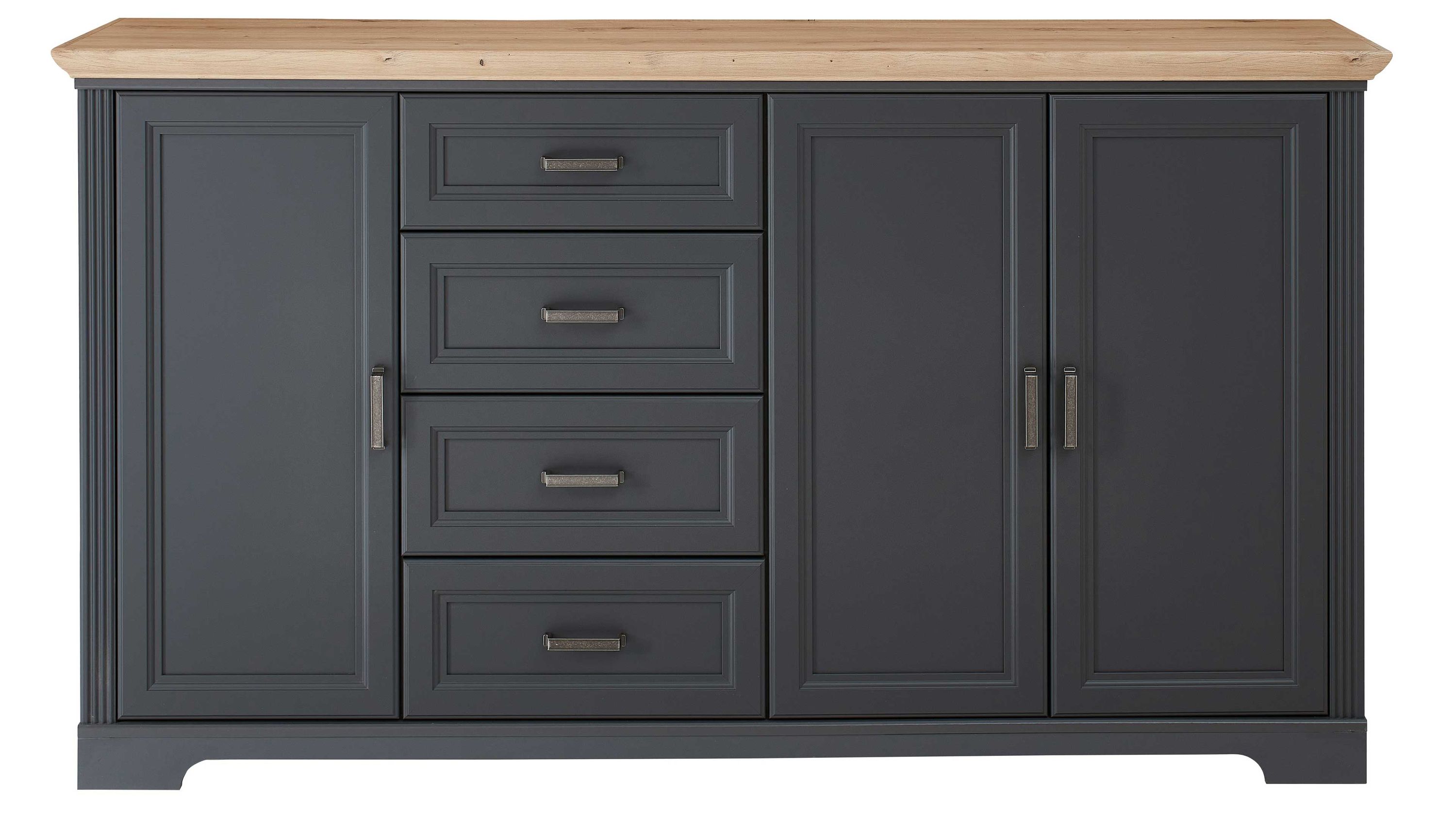 Sideboard mit vier Schubladen und drei Türen in dunklem Grau und hellem Holzfarbton