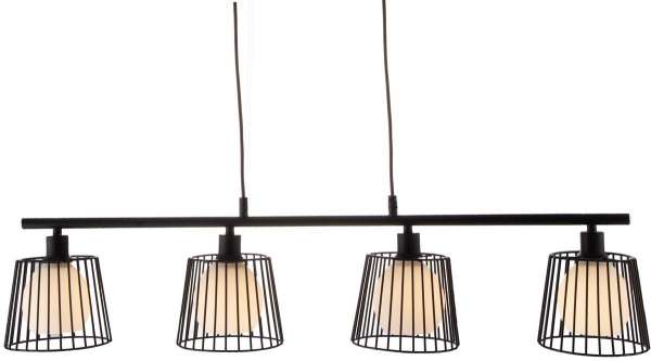 Moderne Pendelleuchte im Industrie-Stil Vier Pendelleuchten mit Drahtkäfig-Schirmen hängen an Kabeln von einer waagerechten Stange, frontal aufgenommen.