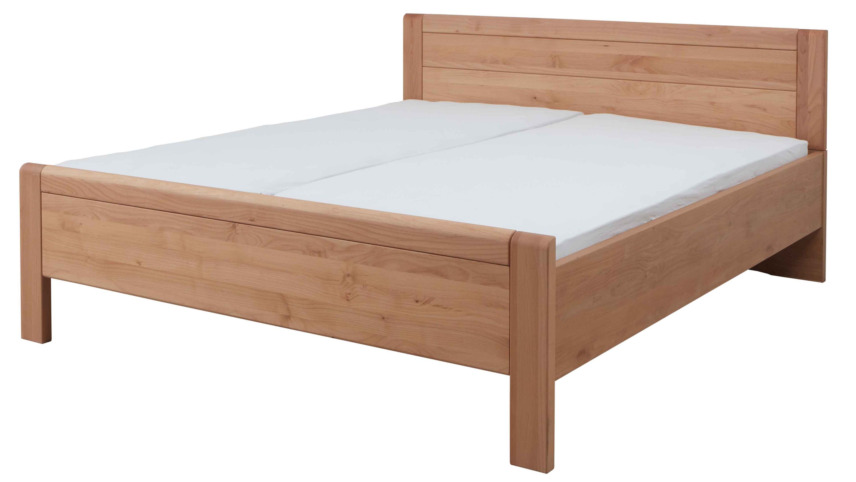 Bettgestell aus hellem Holz mit Kopf- und Fußteil in rechteckiger Form