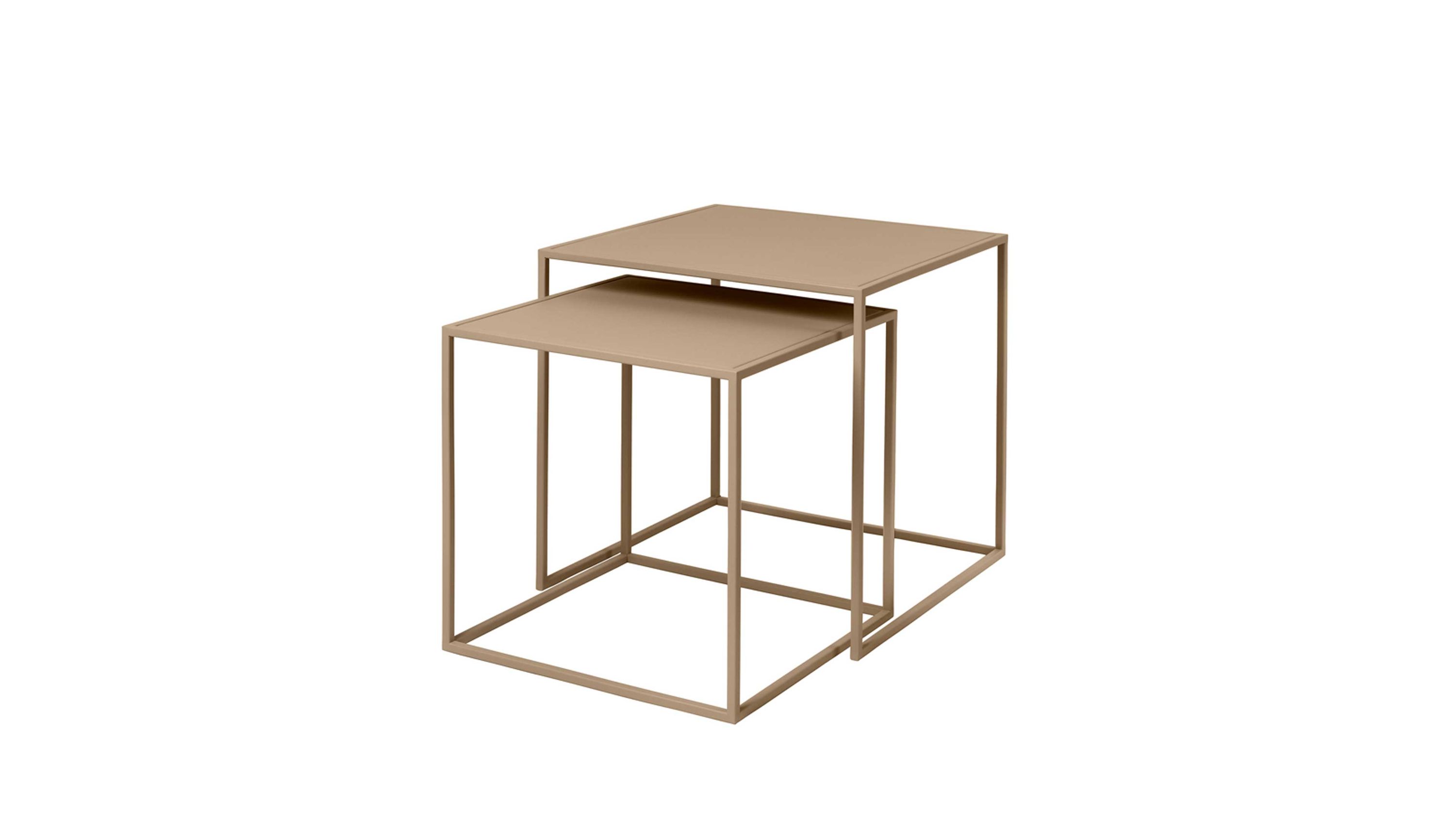Zweiteiliges Beistelltisch-Set mit quadratischen sandbeigen Tischplatten und filigranen Stahlgestellen