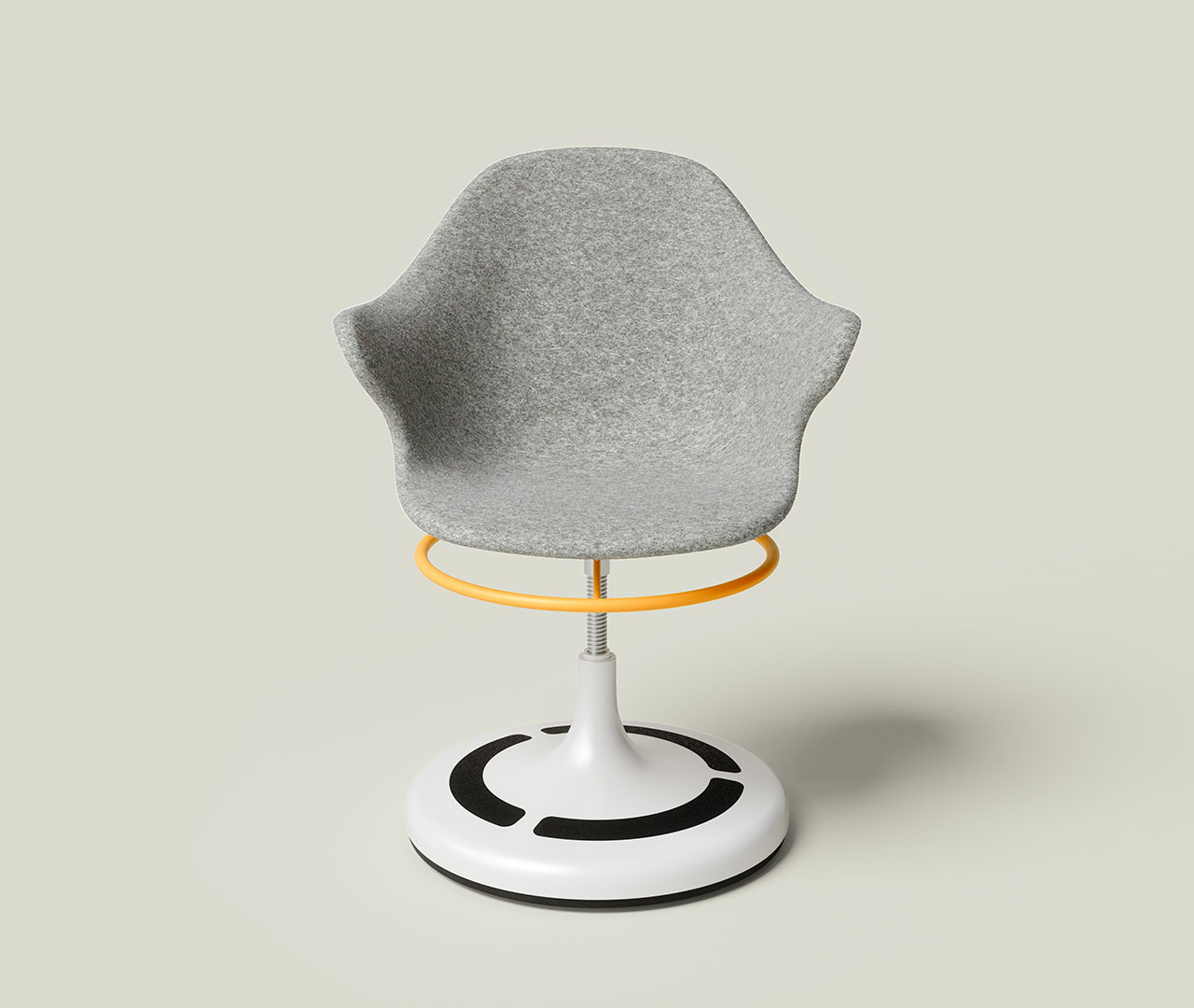 Moderner Drehstuhl mit weißem Sockel, grauem Sitz und ergonomischem Design mit Armlehnen.