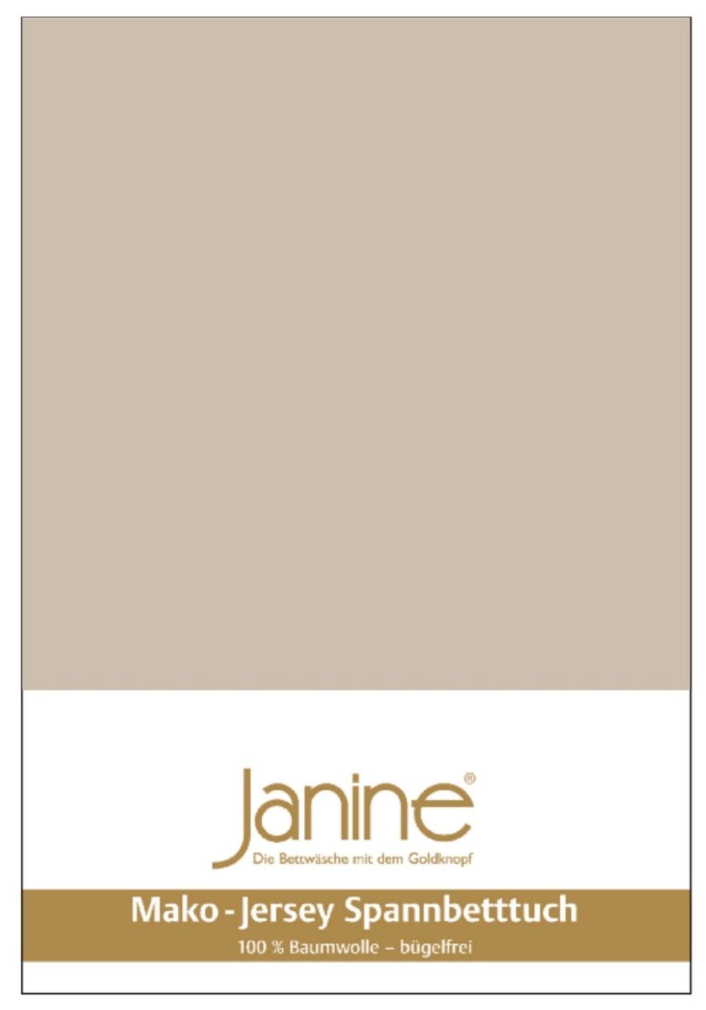 Beigefarbenes Feinjersey-Spannbetttuch in weiß-goldener Verpackung mit goldener Janine-Aufschrift  frontal fotografiert