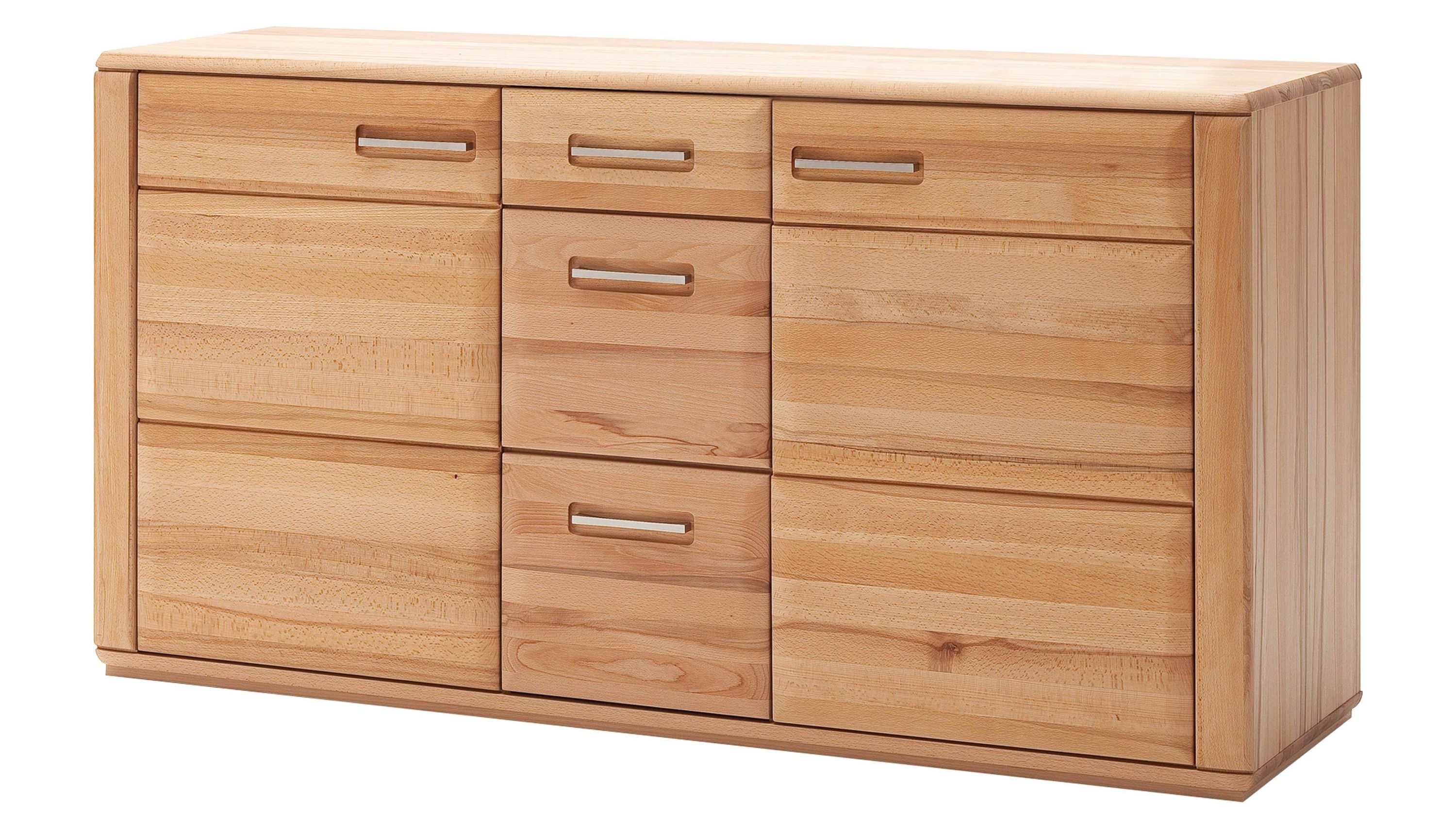 Sideboard in rechteckiger Form mit zwei Türen und drei Schubladen in geöltem hellbraunem Holz