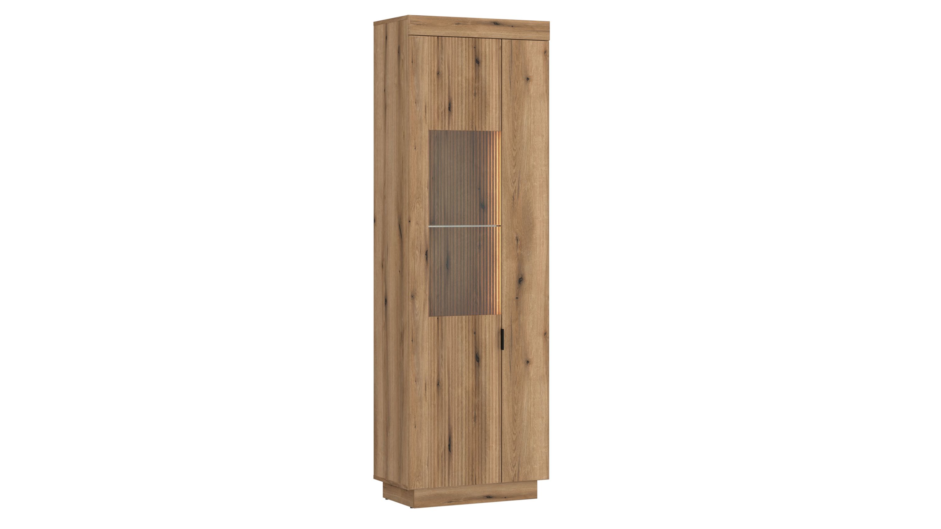 Hohe Vitrine mit einflügeliger Tür aus Holzoptik mit mittiger Glasfläche und schwarzem Griff