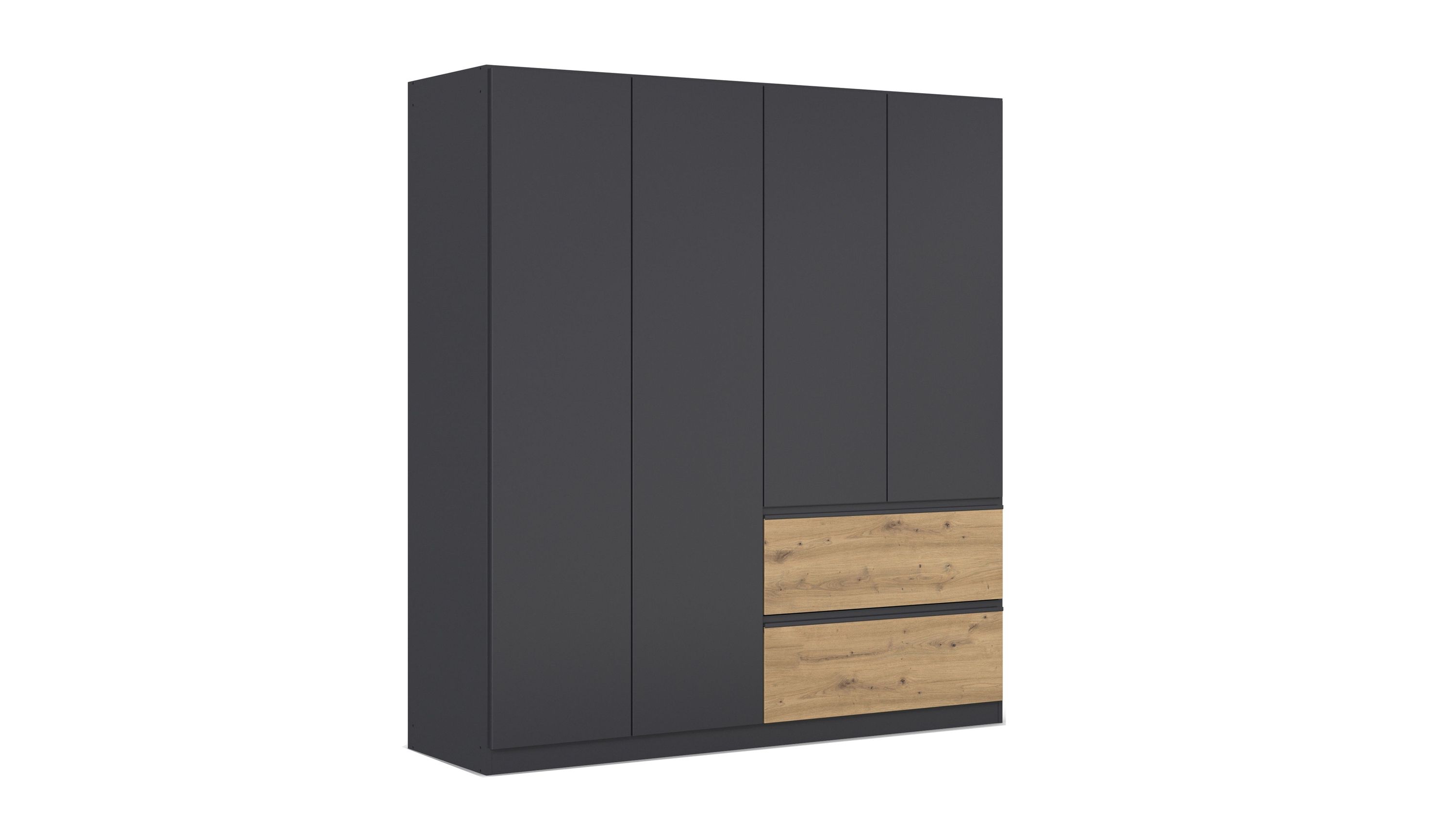 Drehtürenschrank mit fünf Türen vier grau-metallic und zwei mit holzfarbener Front unten rechts