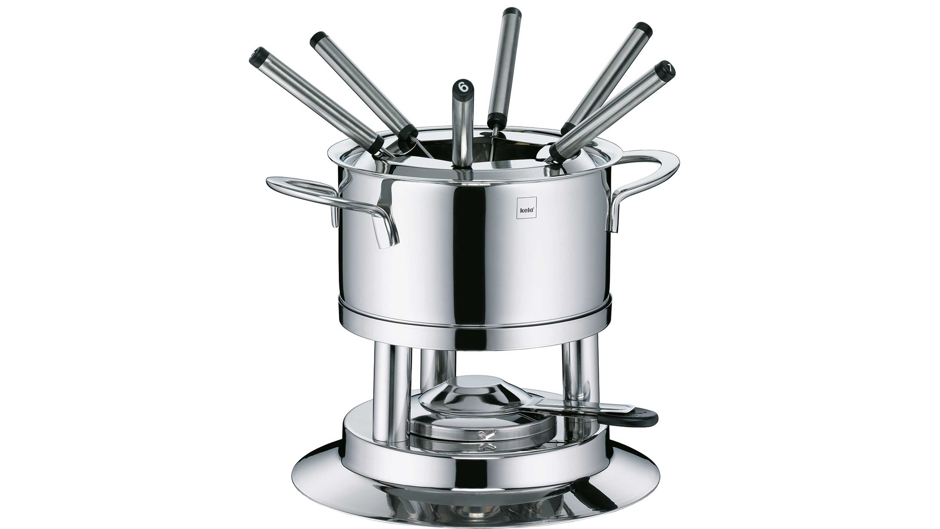Rundes Fondue-Set aus Edelstahl mit Topf Ständer und sechs Gabeln