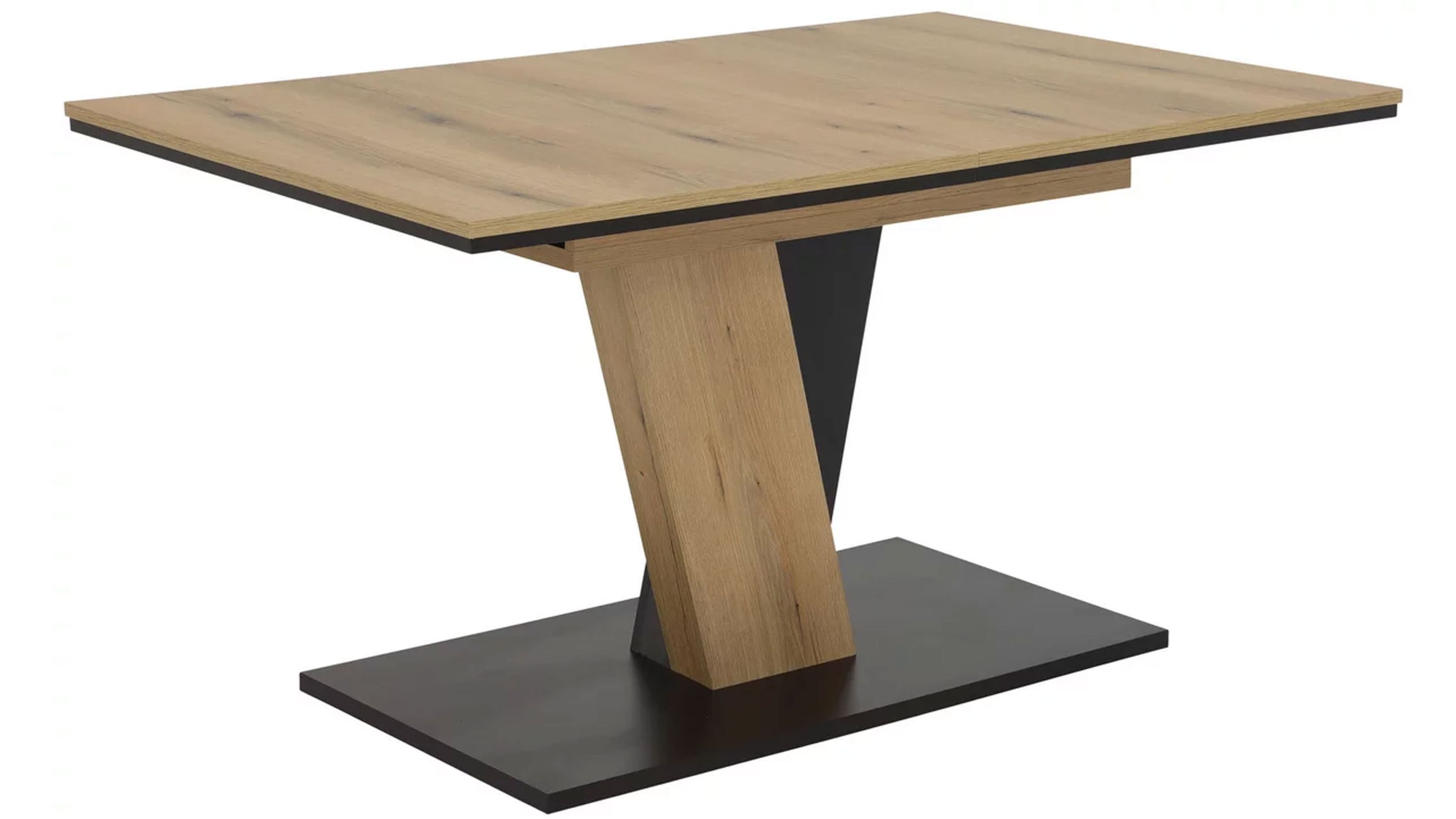 Auszugtisch mit Holzplatte und schwarzem Sockel Auszugtisch mit rechteckiger Platte in Holzoptik und schwarzem Sockel