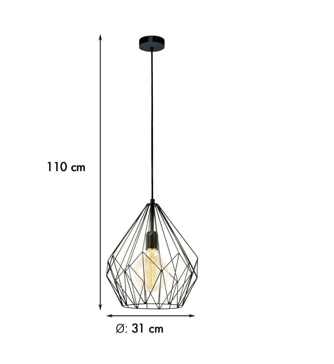 Technische Zeichnung einer Hängelampe mit geometrischem Schirmdesign  schwarzer Aufhängung und retro-inspirierter Form