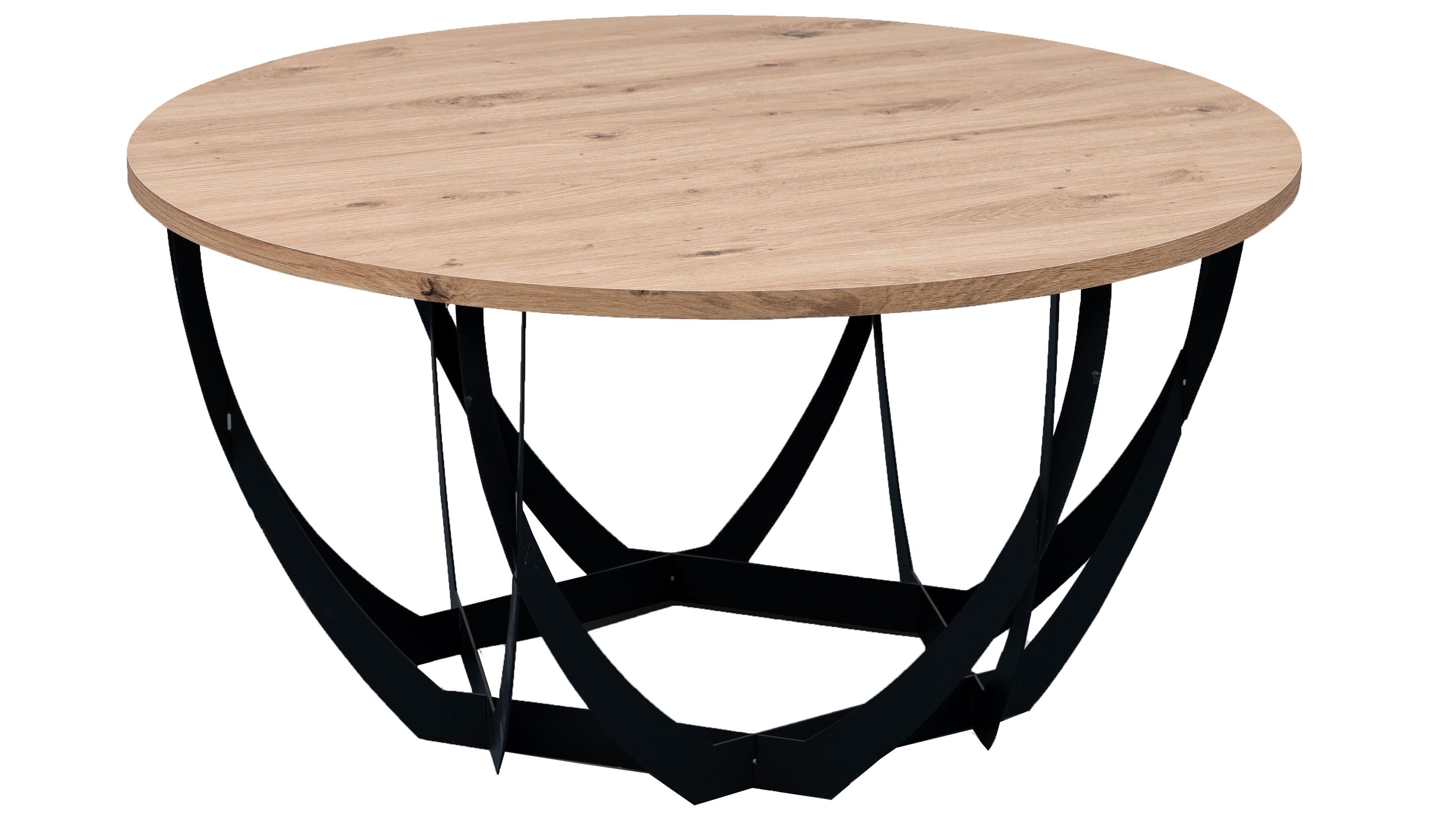 Runder Couchtisch mit hellem Holzplatte und schwarzem geschwungenem Metallgestell