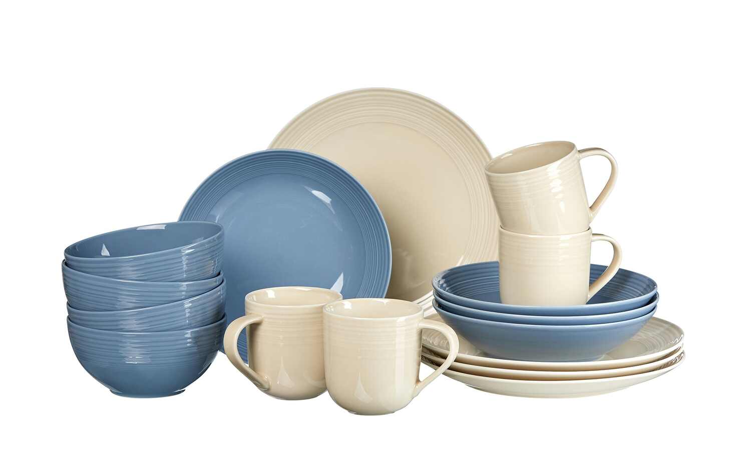 16-teiliges Kombiservice in Blau und Creme 16-teiliges Geschirrset mit blauen und cremefarbenen Tellern Schüsseln und Tassen