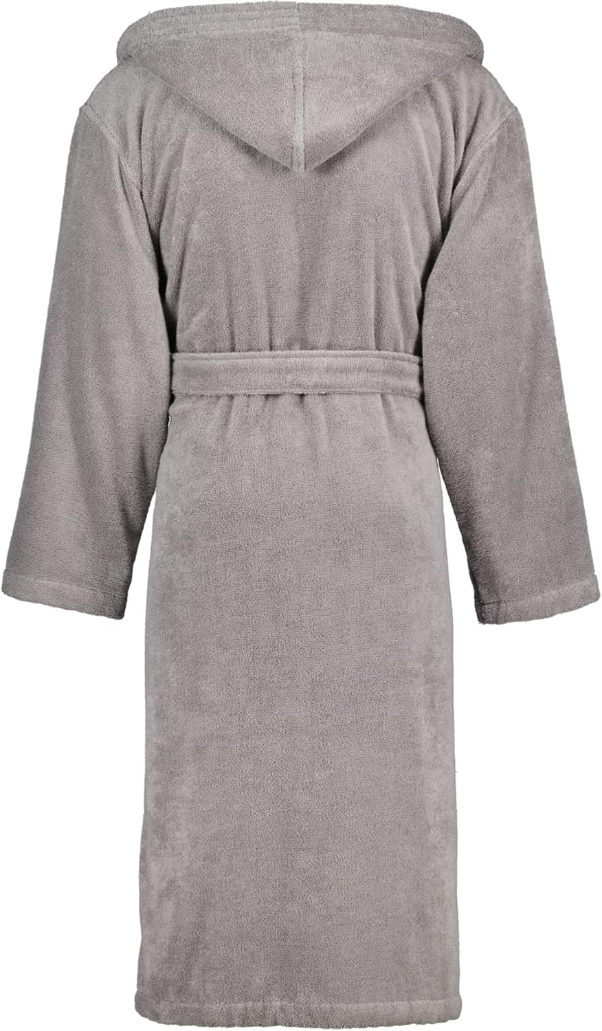 Herren-Bademantel grau in Steinoptik mit Kapuze und Gürtel  Rückansicht  aufgenommen von hinten auf weißem Hintergrund