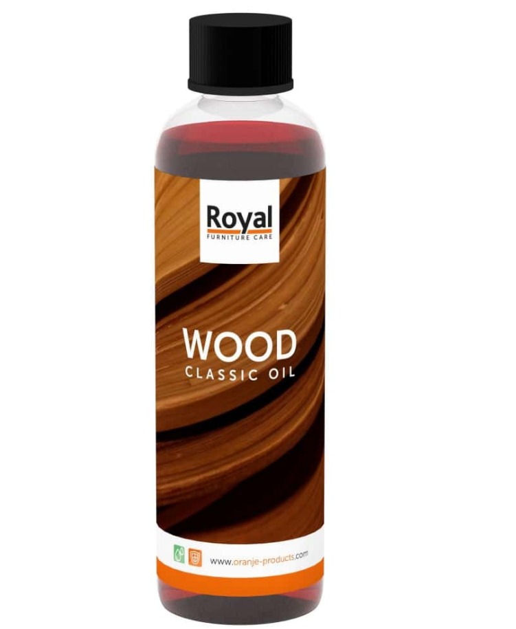 Flasche Royal Wood Classic Oil 250?ml mit Etikett in Holzoptik Aufschrift frontal lesbar frontal fotografiert