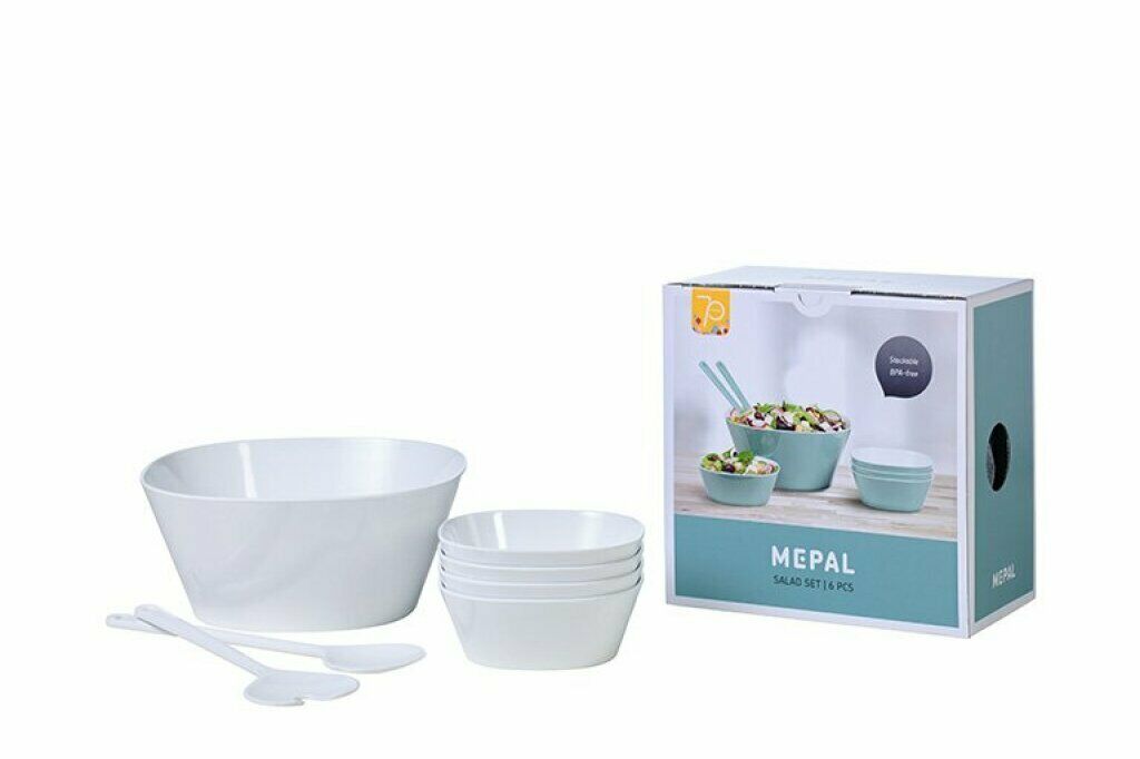 Mepal-Set mit großer Schüssel, vier kleineren Schüsseln und zwei Servierlöffeln, Verpackung im Hintergrund sichtbar