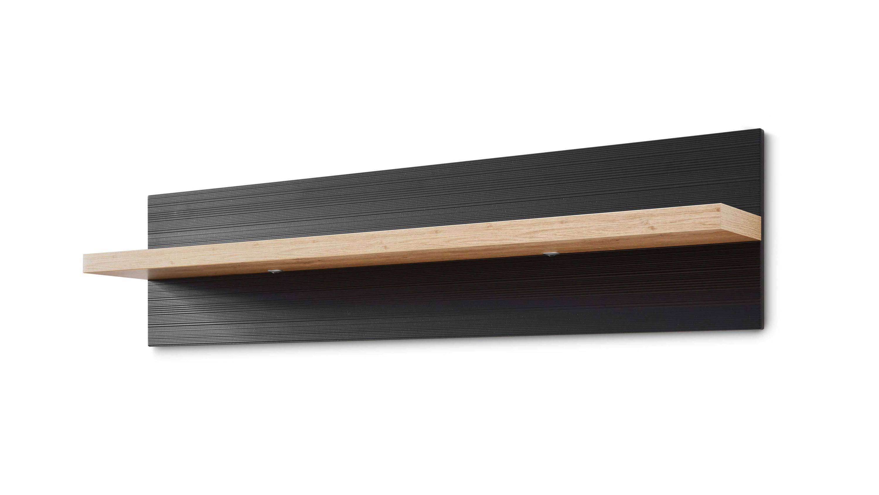 Wandregal mit grauer Rückwand und hellem Holzbrett