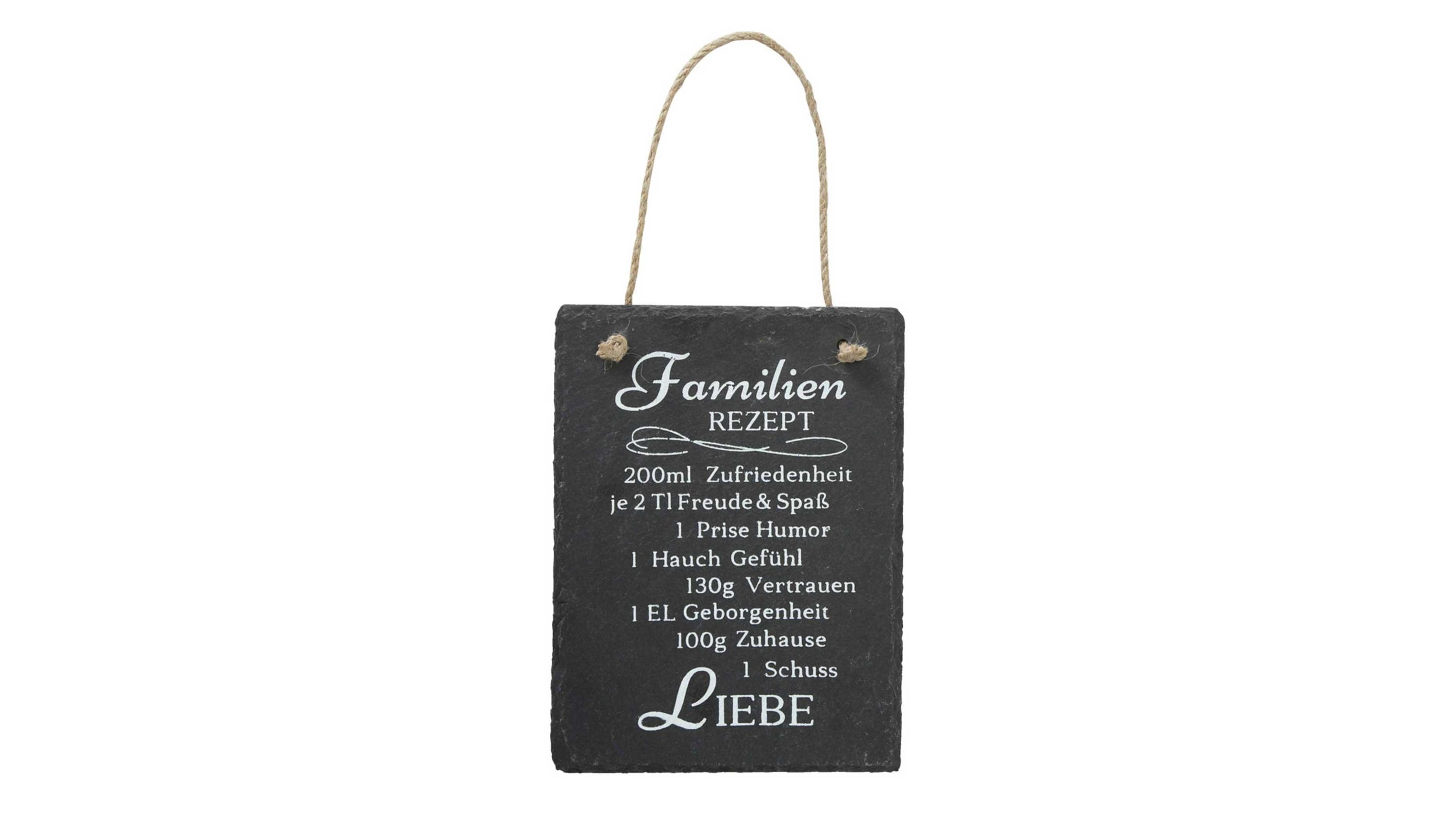 Rechteckiges schwarzes Schieferschild mit weißer Schrift und Kordel zum Aufhängen