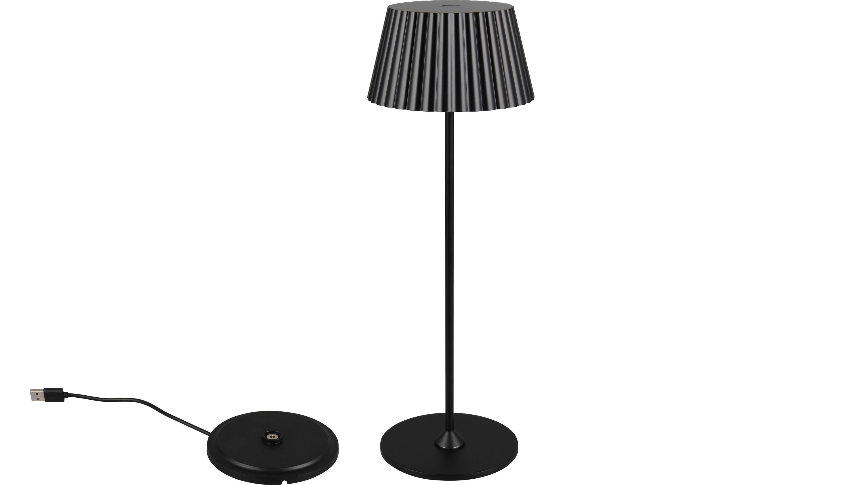 Outdoor-Tischleuchte mit rundem Sockel und geriffeltem Schirm Schwarze Outdoor-Tischleuchte mit rundem Sockel und geriffeltem Lampenschirm