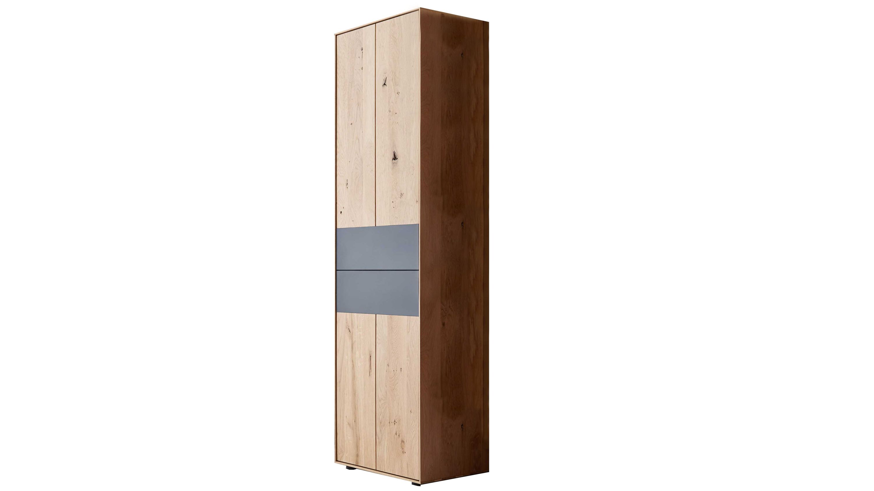 Hoher Stauraumschrank mit einer Tür aus hellem Holz und anthrazitfarbenem mittlerem Metallstreifen
