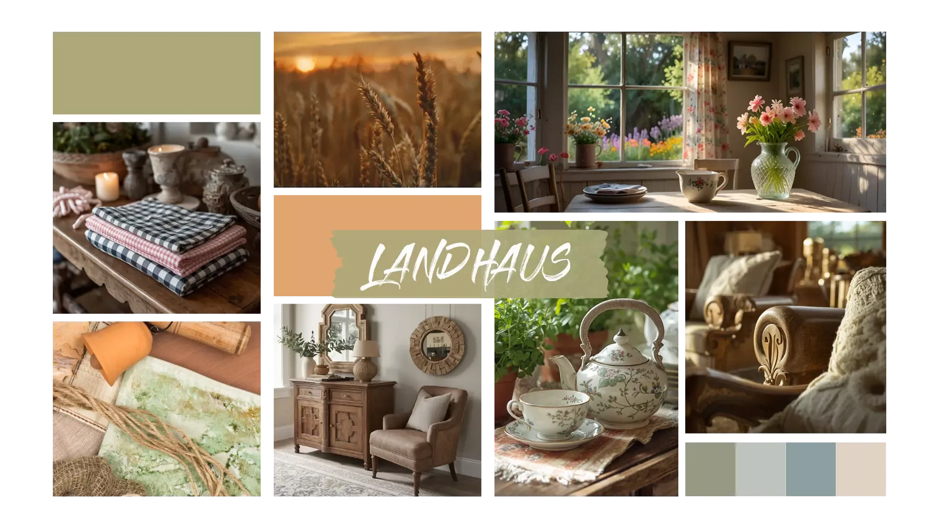Collage im Landhausstil mit Holzmöbeln, karierten Textilien, Kerzenlicht, Blumenvasen, Teeservice und gemütlichem Wohnambiente in warmen Naturfarben