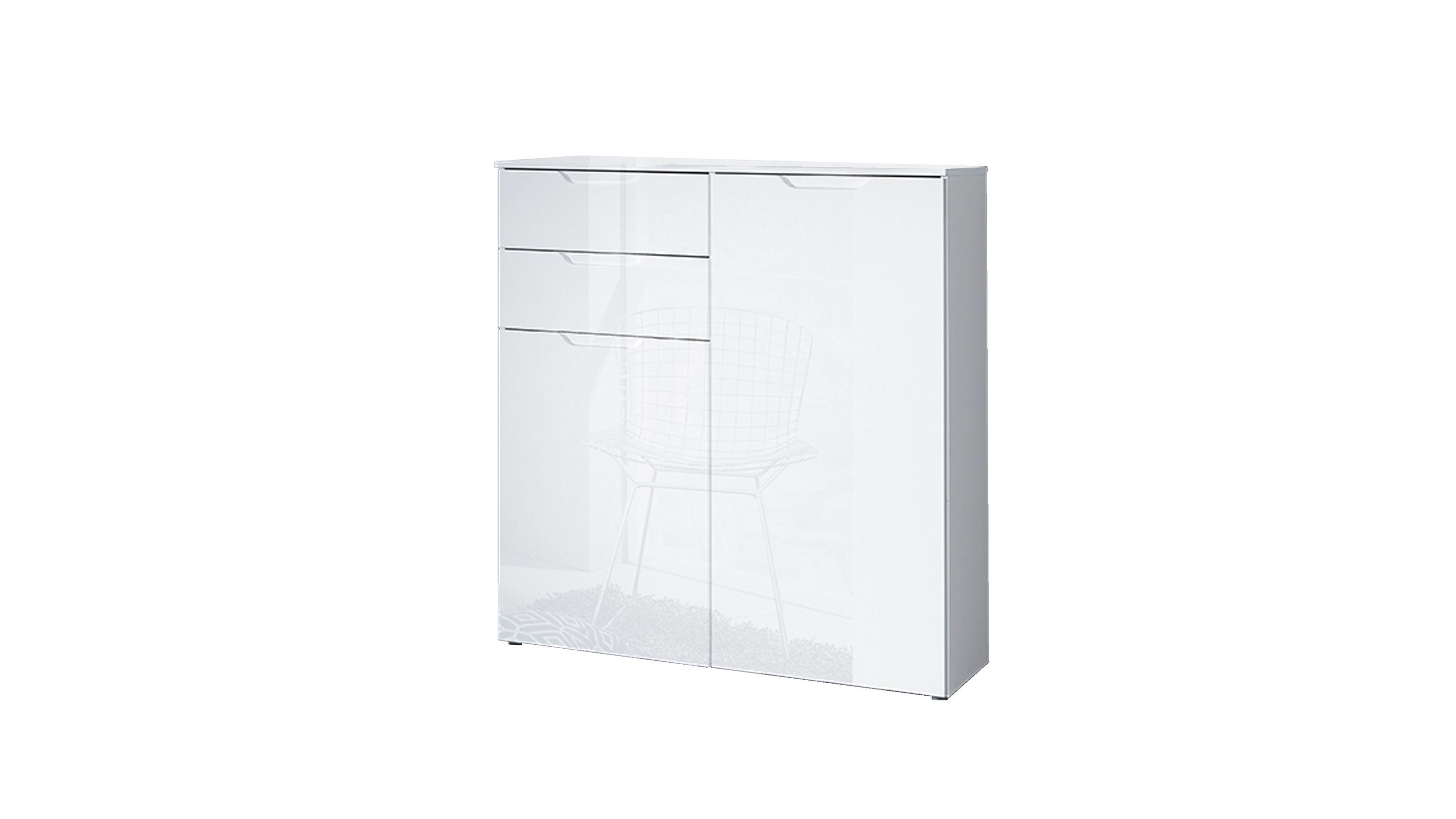 Highboard bzw. Kommode weiße Hochglanzfronten & weiße Kunststoffoberflächen  zwei Türen, zwei Schubladen