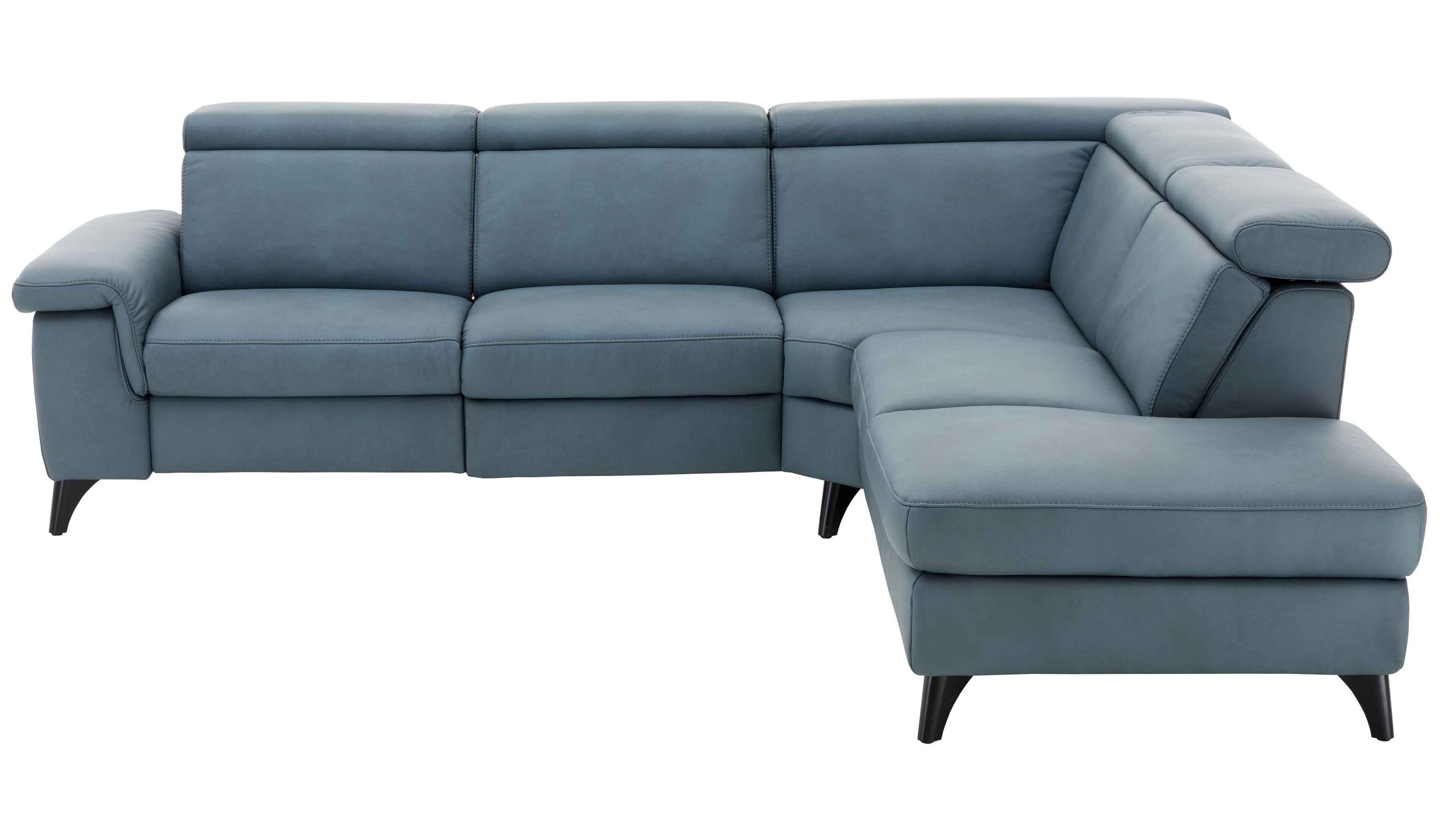 Ecksofa mit verstellbaren Kopfstützen in graublauem Leder mit schwarzen Füßen