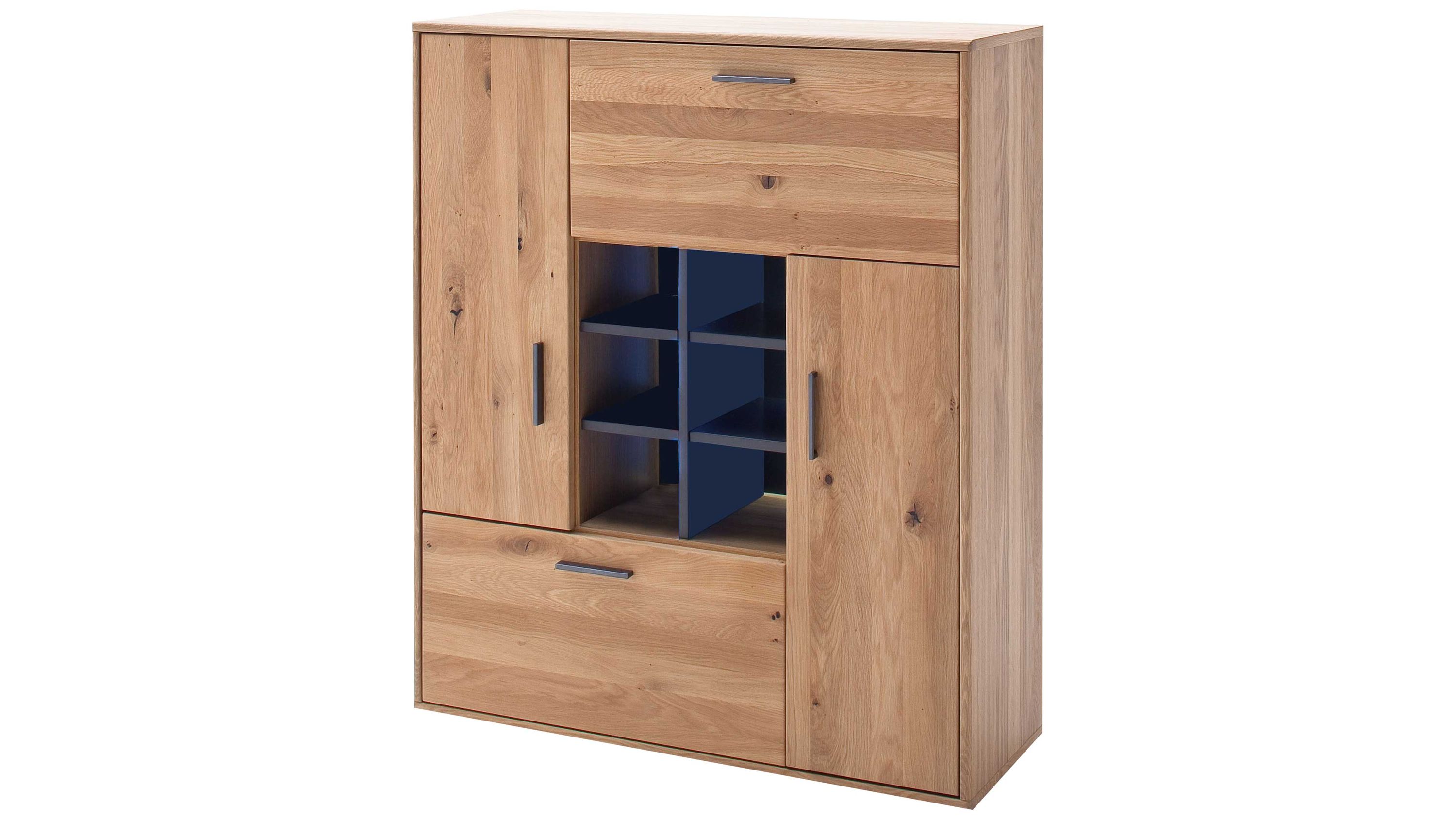 Highboard mit zwei Türen einer Schublade und einer Klappe in Holzoptik mit anthrazitfarbenen Fächern in der Mitte