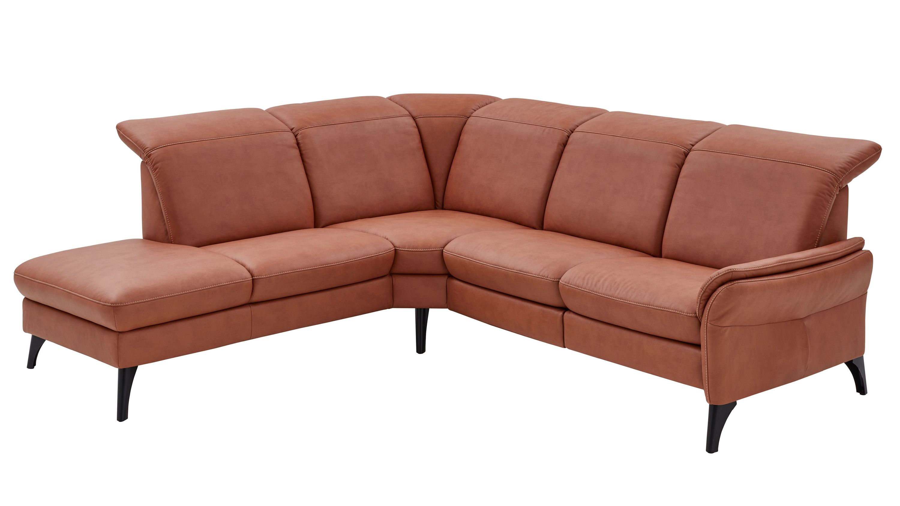 Ecksofa mit cognacfarbenem Bezug und schwarzen Beinen verstellbare Rückenlehnen