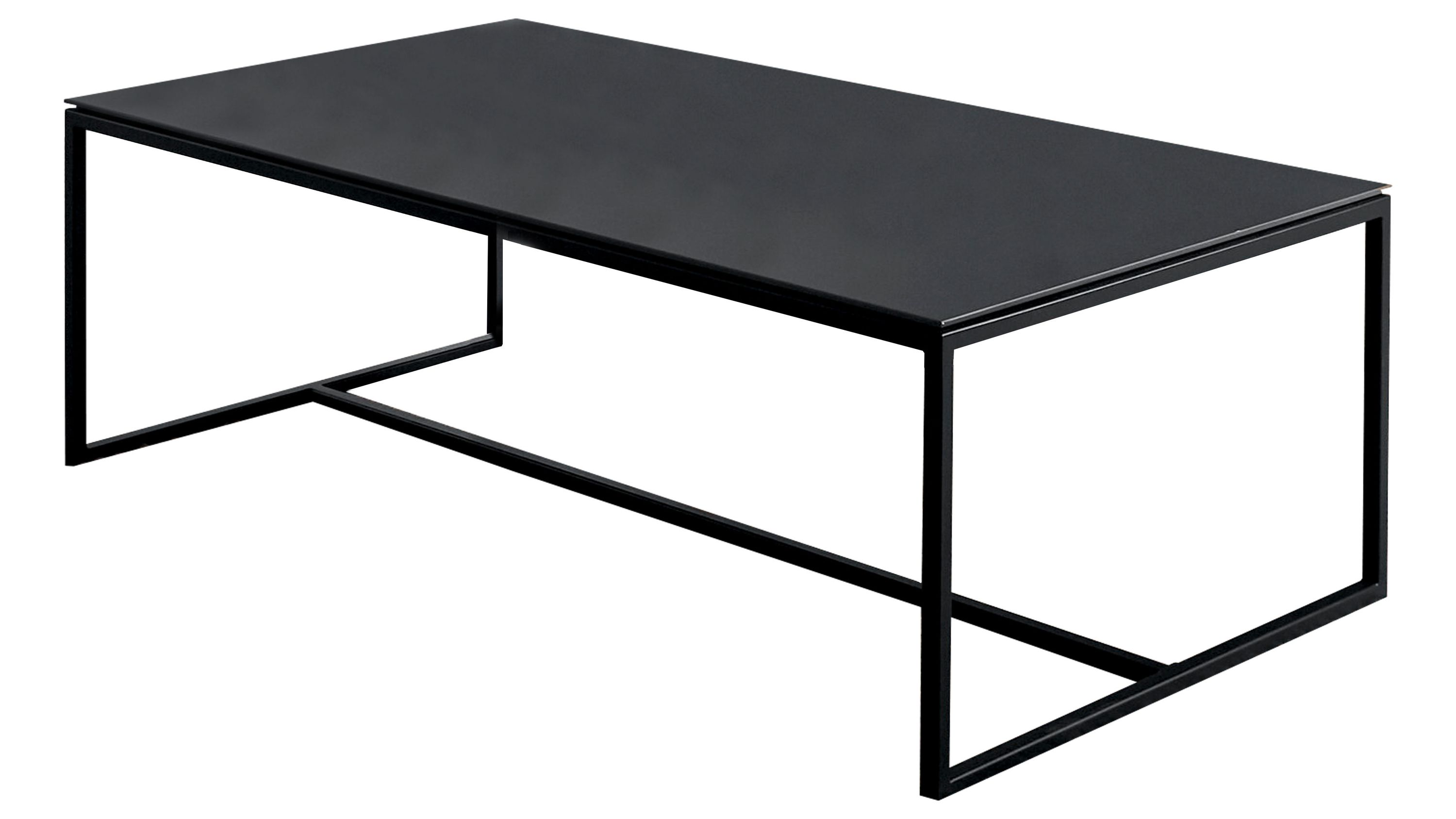 Rechteckiger Couchtisch mit flacher Tischplatte und offenem Metallgestell in dunkler Farbe