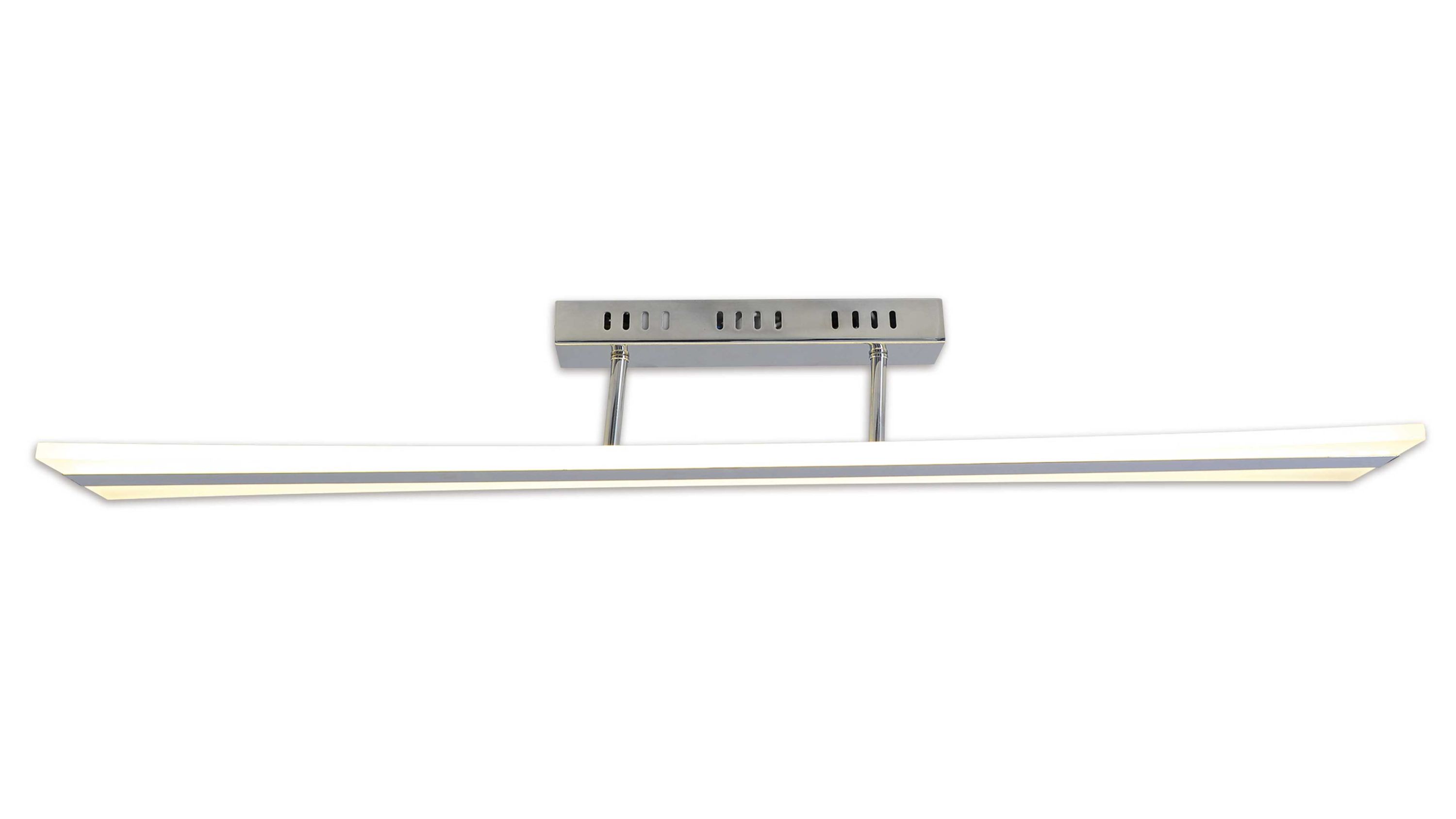 Lange schmale LED-Deckenlampe mit rechteckigem silberfarbenem Befestigungsstück und weißem Leuchtkörper