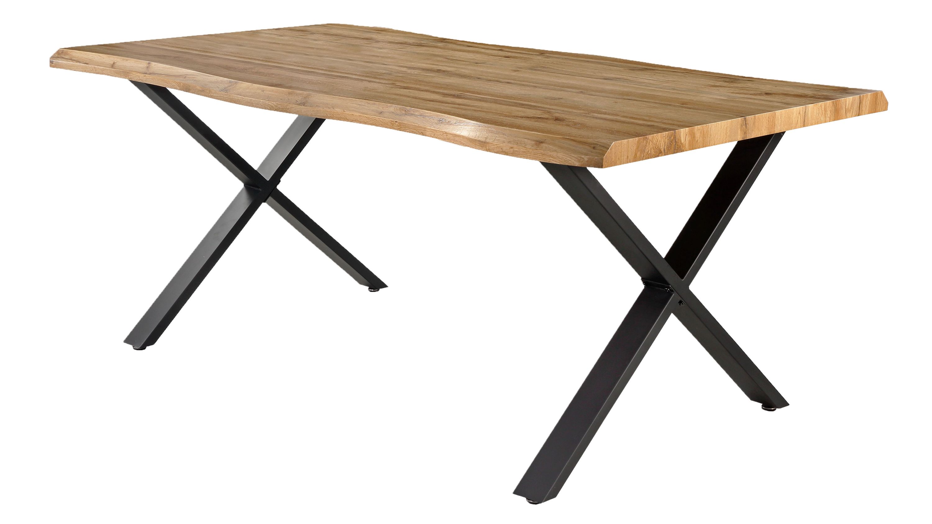 Esstisch mit Holzplatte und schwarzen Metallbeinen Rechteckiger Esstisch mit naturfarbenem Holzplatte und schwarzen X-förmigen Metallbeinen