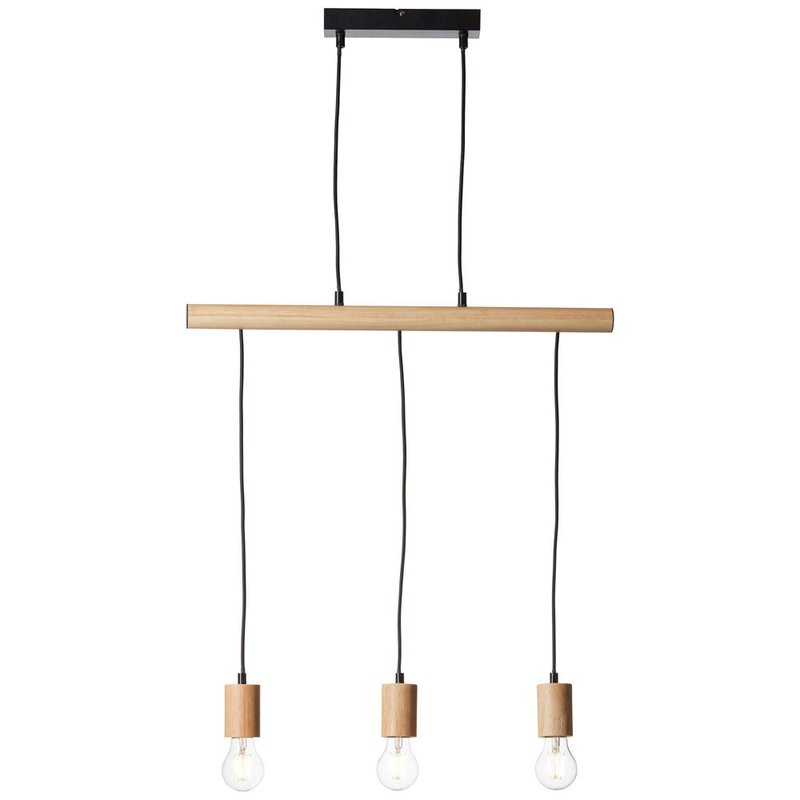 Deckenleuchte mit drei Pendeln aus Metall und Holz Deckenleuchte von Brilliant AG mit drei Pendeln aus Metall und Holz natur-schwarz frontal leicht von unten aufgenommen