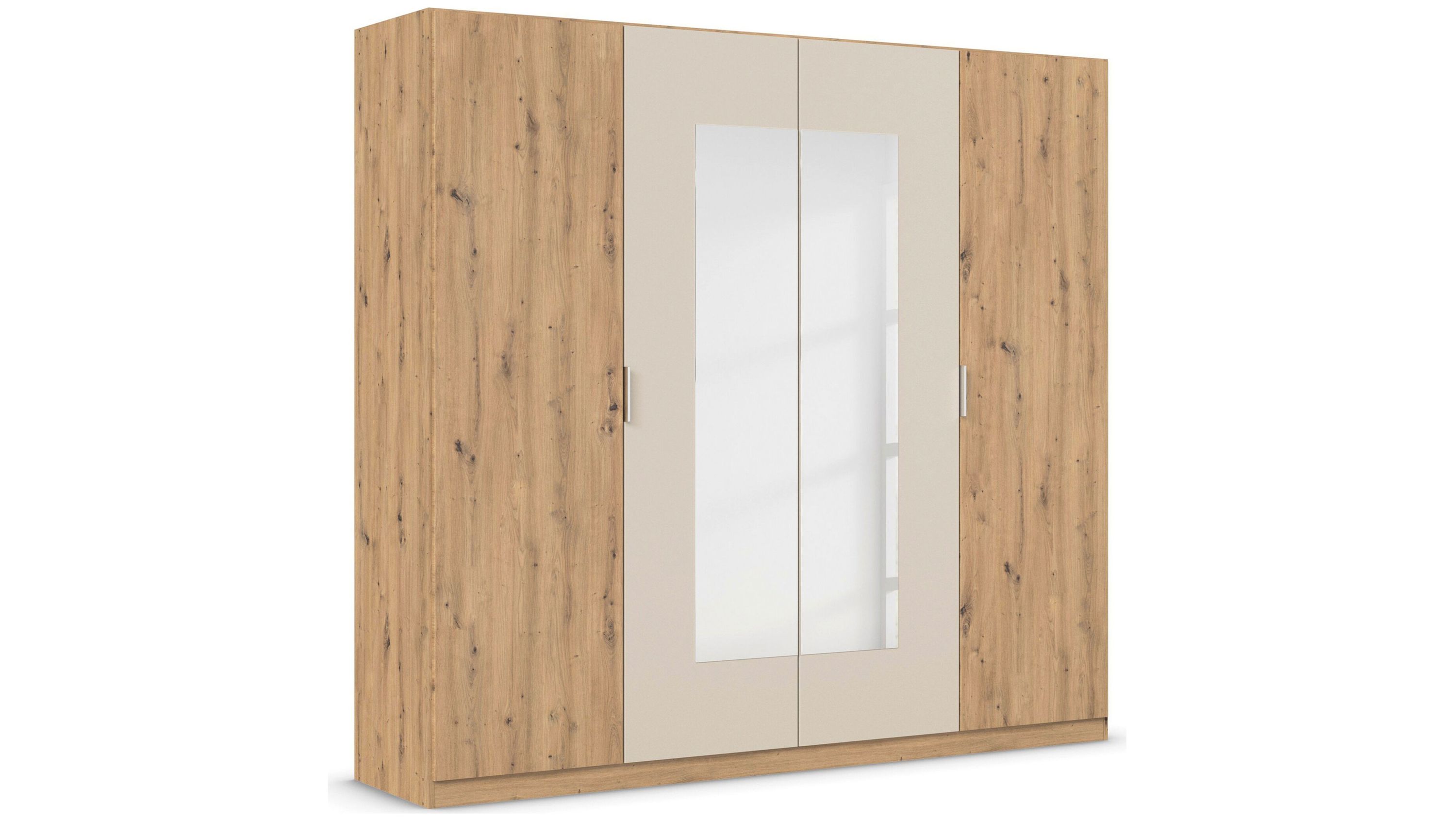Drehtürenschrank mit zwei mittleren Spiegeltüren und zwei äußeren Holztüren in heller Holzoptik