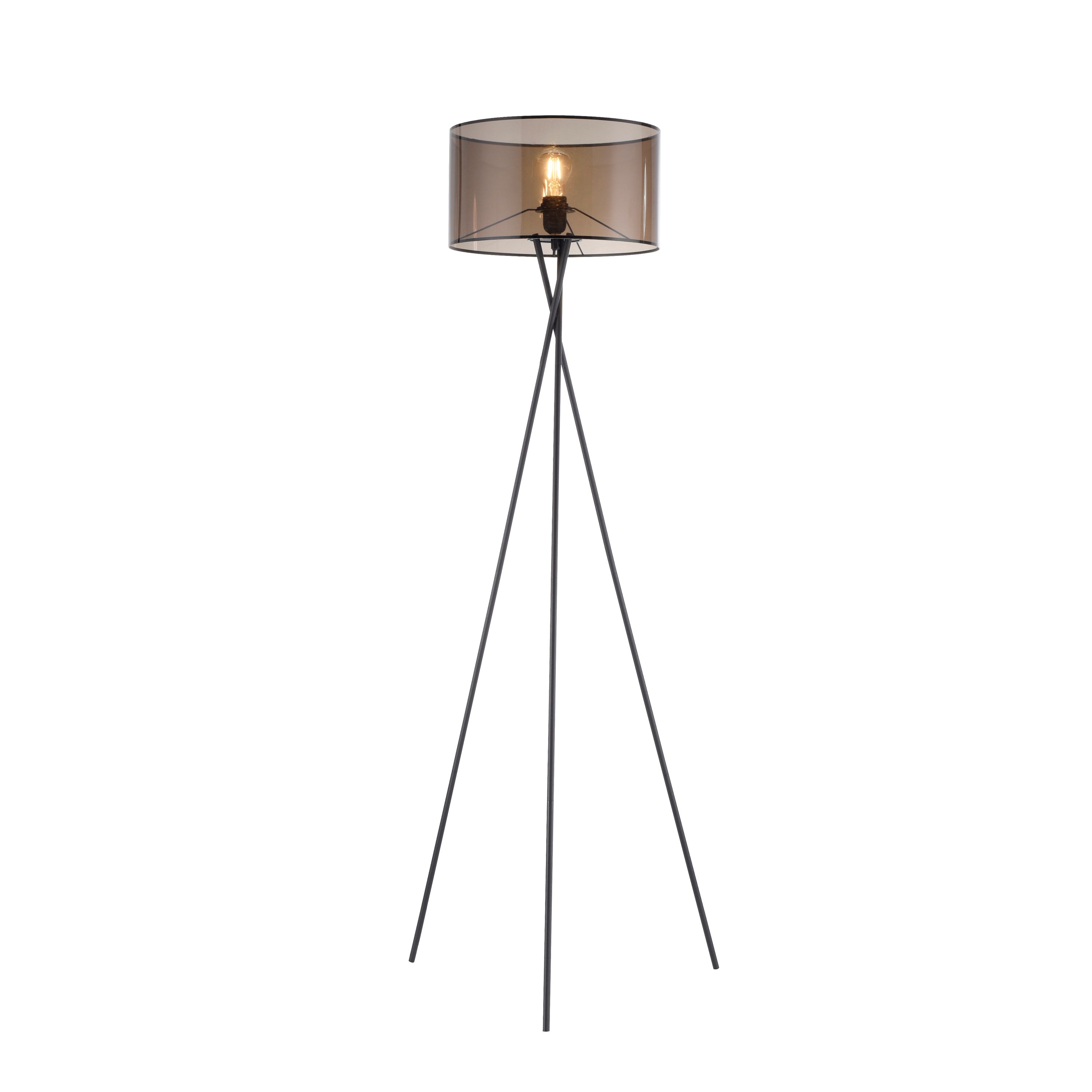 Moderne Stehleuchte aus schwarzem Metall mit dreibeinigem Gestell zylindrischem Schirm frontal minimalistisches Design