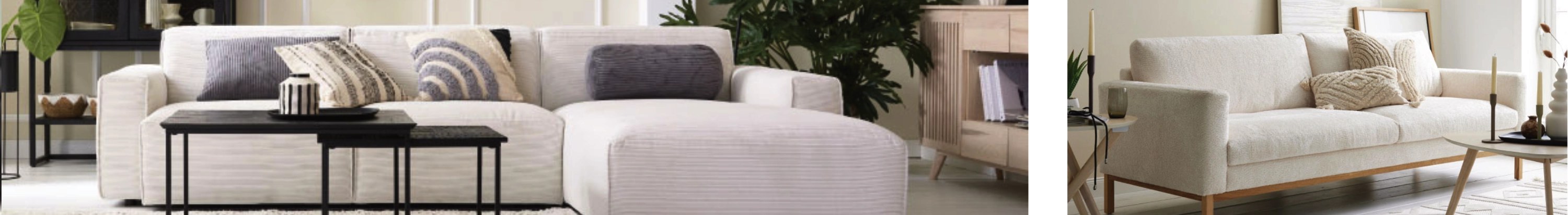 Modernes Wohnzimmer mit cremefarbenem Sofa, Hocker, Couchtisch und Kissen in hellen Naturtönen für gemütliches Ambiente.
